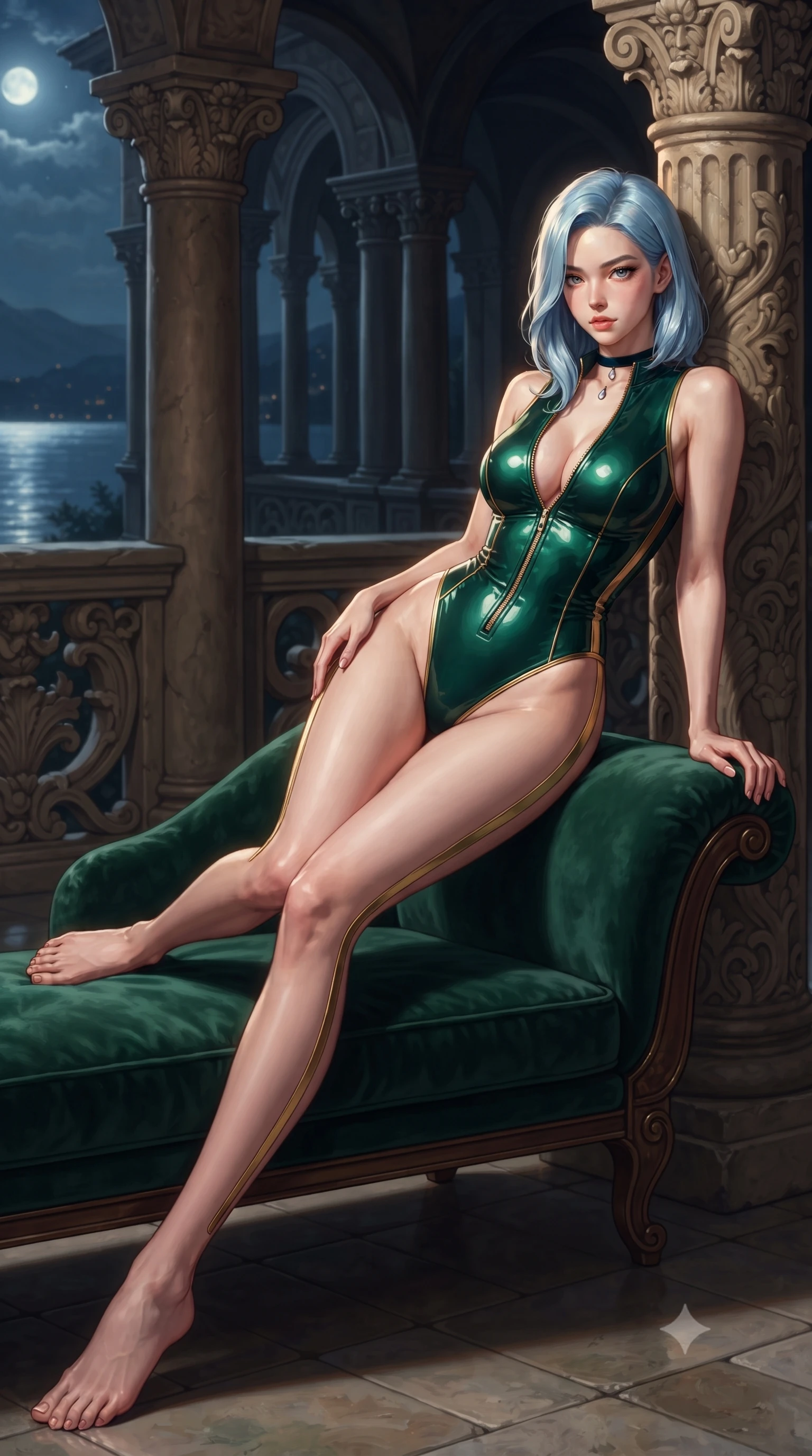 score_9, masterpiece, best quality, ultra-detailed, high-budget anime keyframe, editorial fashion photography, tasteful artistic composition, Korean woman. low angle full-body shot from head to toe showing her feet, filling the entire 9:16 vertical frame with her statuesque presence, stretching her vertical silhouette. reclining gracefully across the plush chaise lounge with one leg extended, her sculpted silhouette and flat midriff radiating magnetic nocturnal glamour while leaning against the ancient carved loggia column with hips cocked back, casting an intoxicating, smoldering bedroom-gaze over a bare shoulder. The surrounding environment is rendered in vivid detail and crisp panoramic clarity: detailed plunging cowl-neck silk gown weave, gold hip buckle gleam, and Renaissance villa stonework in razor-sharp precision. She has an exceptionally tall and slender model-like 8.5-heads proportion, an ultra-slim waist, a flat toned midriff, narrow delicate ribcage, and beautifully sculpted feminine hips creating a graceful, slim hourglass silhouette without any bulky heaviness, with impossibly long slender legs. sharp v-shaped jawline, high-bridge nose, intricate jewel-like sparkling eyes with depth, thick eyelashes, glossy parted lips with a natural peach sheen, bright cheerful beaming smile with an enchanting and coquettish sensual glint, exuding both youthful cute charm and seductive allure, flawlessly proportioned anatomical accuracy, strict slender model proportions, natural body alignment, perfectly sculpted long slender limbs, ultra-slim waistline, clean dynamic posture without body distortion. wearing a form-contouring wet-look neoprene zip-front maillot with high-cut leg openings and gold racing side trims in Monte Carlo casino emerald green and polished brass, crafted from high-tensile reflective patent leather with sleek specular highlights, finished with a thin velvet ribbon choker and a single teardrop diamond pendant, the glove-like clinging cut tightly following the natural contour of her hips and long slender legs with youthful 8.5-heads elegance. illuminated by lake water specular reflection fill and warm honey-gold rim lights defining her razor-sharp jawline, narrow waist, and curvy hips. ultra-reflective glossy finish, specular highlights, rich textural contrasts, high-contrast stereoscopic depth, volumetric dynamic lighting, 2k, ultra detail, master piece, 9:16 ratio