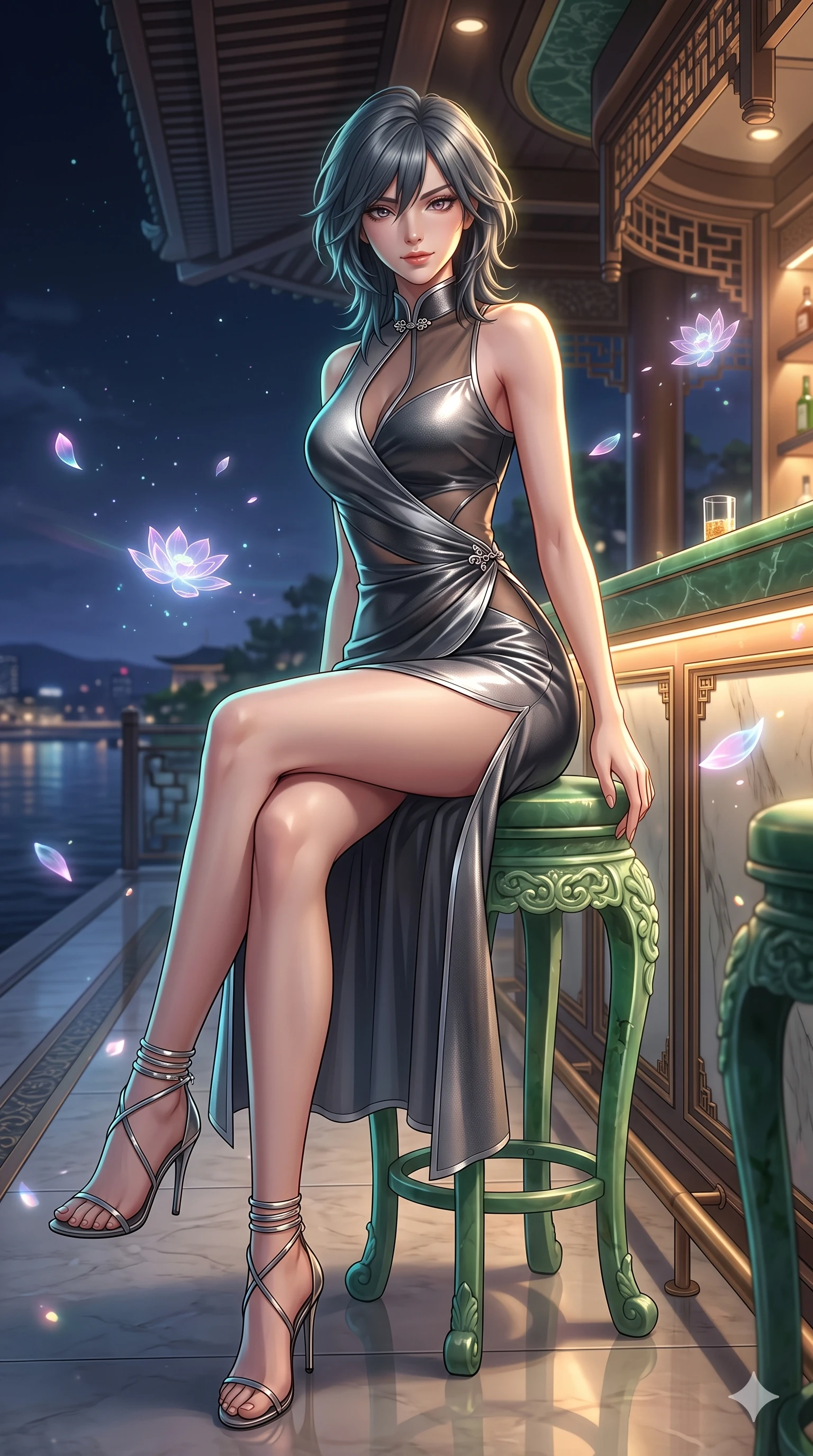 score_9, masterpiece, best quality, ultra-detailed, high-budget anime keyframe, semi-realistic 3D game render, editorial fashion photography, tasteful artistic composition, Caucasian woman. low angle full-body shot from head to toe showing her feet, filling the entire 9:16 vertical frame with her statuesque presence, stretching her vertical silhouette. walking along the waterfront terrace with poise, looking back over her bare shoulder with an irresistible smoldering bedroom-gaze while perched gracefully on the carved jade bar counter stool with legs crossed, flashing an enchanting smile with parted glossy lips as floating holographic lotus petals drift past. The surrounding environment is rendered in vivid detail and crisp panoramic clarity: intricate second-skin silk dress tailoring, jeweled clasp hardware, and luxury Oriental modern interior design in razor-sharp precision. She has an exceptionally tall and slender model-like 8.5-heads proportion, an ultra-slim waist, a flat toned midriff, narrow delicate ribcage, and beautifully sculpted feminine hips creating a graceful, slim hourglass silhouette without any bulky heaviness, with impossibly long slender legs. sharp v-shaped jawline, high-bridge nose, intricate jewel-like sparkling eyes with depth, thick eyelashes, glossy parted lips with a natural sheen, intensely captivating and seductive bedroom-eyes expression, exuding both youthful cute charm and sovereign luxury allure, flawlessly proportioned anatomical accuracy, strict slender model proportions, natural body alignment, perfectly sculpted long slender limbs, ultra-slim waistline, clean dynamic posture without body distortion. wearing a wet-look silk fusion wrap dress with asymmetrical sheer mesh cutouts and high Mandarin collar in charcoal grey and polished chrome, woven from high-density tech-wool with subtle metallic thread weave, complemented by strappy stiletto sandals with metallic ankle wraps accentuating her slender calves, the liquid-tight tailored fabric clinging flawlessly to her narrow waist and rounded feminine hips, emphasizing every millimeter of her sculpted slim hourglass curves without any bulky heaviness. illuminated by bar surface bounce and sharp emerald-gold rim lights sculpting her razor-sharp jawline, narrow waist, and curvy hips. highly saturated vibrant anime colors, detailed shading with soft gradients, rich glossy textures, high-contrast stereoscopic depth, volumetric dynamic lighting, master piece, 9:16 ratio