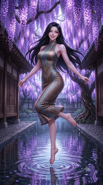 score_9, masterpiece, best quality, ultra-detailed, high-budget anime keyframe, editorial fashion photography, tasteful artistic composition, Korean woman. low angle full-body shot from head to toe showing her feet, filling the entire 9:16 vertical f