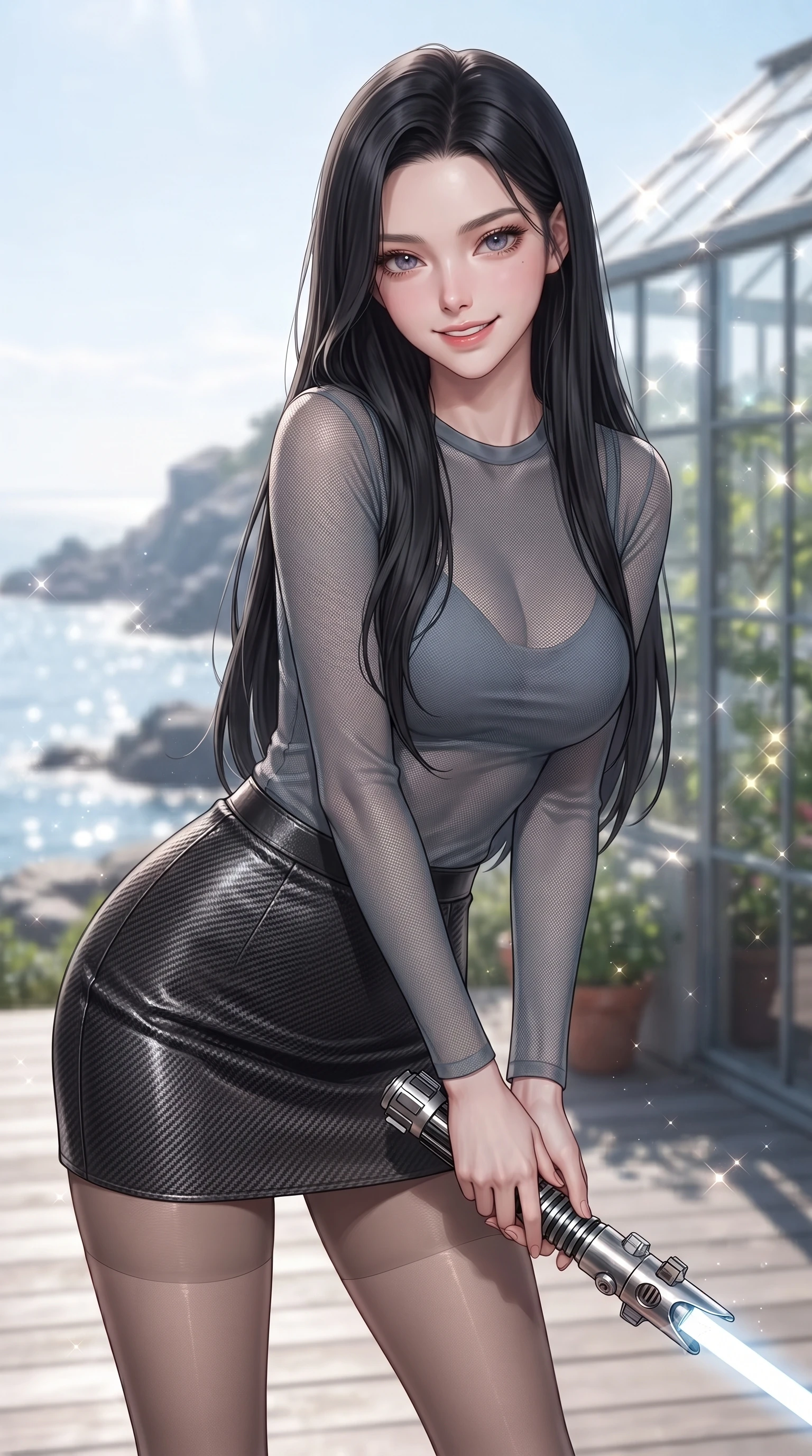 score_9, masterpiece, best quality, ultra-detailed, high-budget anime keyframe, editorial fashion photography, tasteful artistic composition, Korean woman. close-up cowboy shot from the waist and thighs up, the character dominates the composition, filling the frame with her large presence, background elements kept in soft focus. leaning slightly forward with a playful, teasing smile while holding a deactivated plasma saber hilt, the background shows a soft-focus a quiet coastal deck overlooking a rocky bay with botanical greenhouses. She has an exceptionally elegant, slender, and willowy female figure with an ultra-slim waist, a gracefully sculpted slender torso, and a refined silhouette. sharp v-shaped jawline, high-bridge nose, intricate jewel-like eyes with depth, thick eyelashes, glossy lips with a natural sheen. wearing a slim-fit semi-transparent mesh top in slate grey, paired with a carbon-fiber mini skirt and sheer stockings. bright morning sun rays creating sparkling glints on the sea and the greenhouse glass. ultra-reflective glossy finish, specular highlights, metallic sheen, high-contrast stereoscopic depth, volumetric dynamic lighting, 2k, ultra detail, master piece, 9:16 ratio