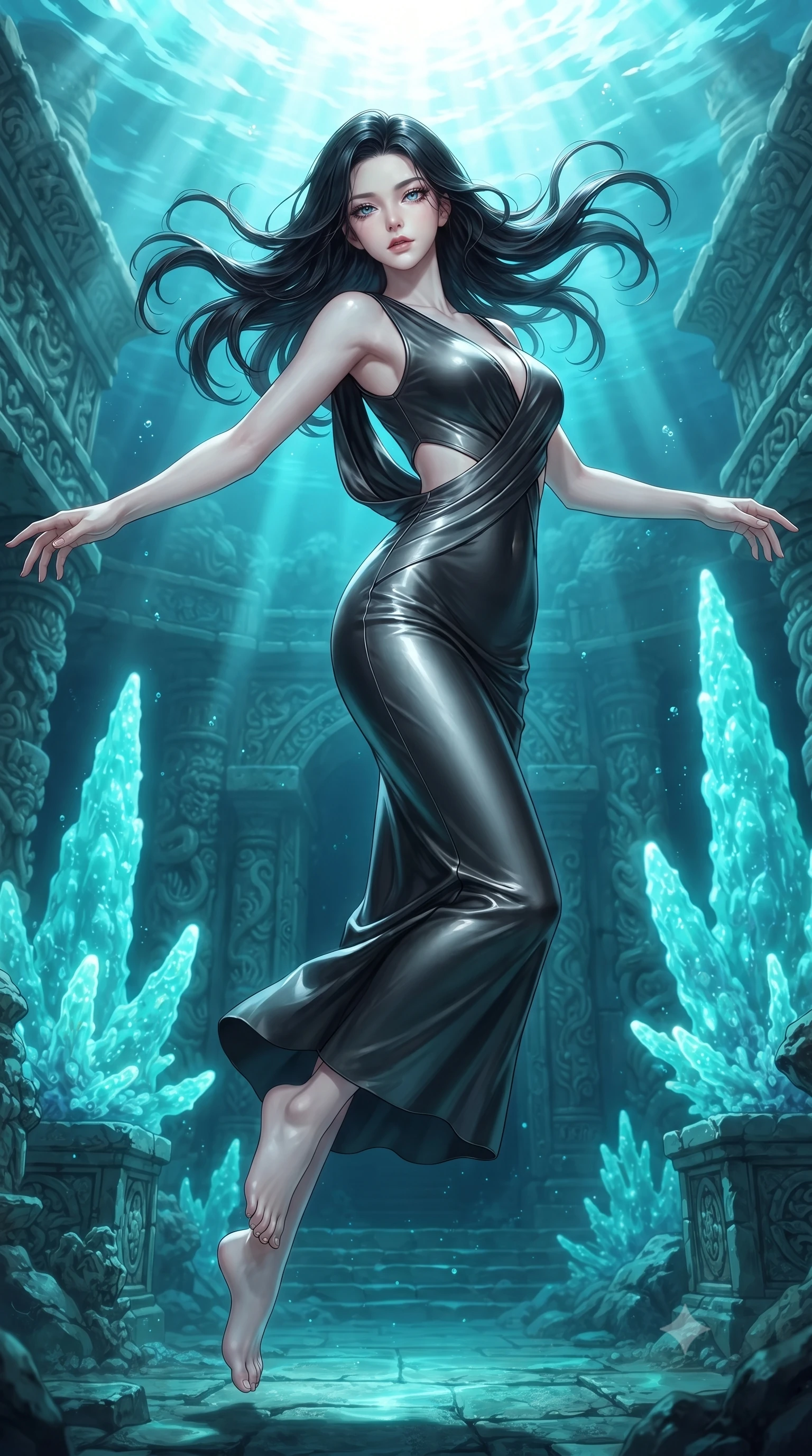 score_9, masterpiece, best quality, ultra-detailed, high-budget anime keyframe, editorial fashion photography, tasteful artistic composition, Korean woman. low angle full-body shot from head to toe showing her feet, filling the entire 9:16 vertical frame with her statuesque presence, stretching her vertical silhouette. performing an athletic mid-air rotation with flawless poise, her vertical silhouette beautifully stretched while floating underwater in a dynamic mid-air spin inside a sunken dragon temple, glowing aqua coral spires emitting pulsing luminescence in the background. She has an absolutely perfect, statuesque 8.5-heads proportion, an exceptionally tall and slender model-like female figure with impossibly long slender legs and an ultra-slim waist. sharp v-shaped jawline, high-bridge nose, intricate jewel-like eyes with depth, thick eyelashes, glossy lips with a natural sheen, flawlessly proportioned anatomical accuracy, natural body alignment, perfectly sculpted elegant limbs, clean dynamic posture without body distortion. wearing a precision-fitted liquid jersey bodycon dress with a graceful draped back in matte black and polished silver, crafted from lustrous satin jersey with fluid draping, featuring subtle geometric cutouts that highlight her ultra-slim midriff, the sleek second-skin texture accentuating her magnetic presence. bathed in brilliant sun-drenched water rays and luminous turquoise caustic glow. ultra-reflective glossy finish, specular highlights, metallic sheen, high-contrast stereoscopic depth, volumetric dynamic lighting, 2k, ultra detail, master piece, 9:16 ratio