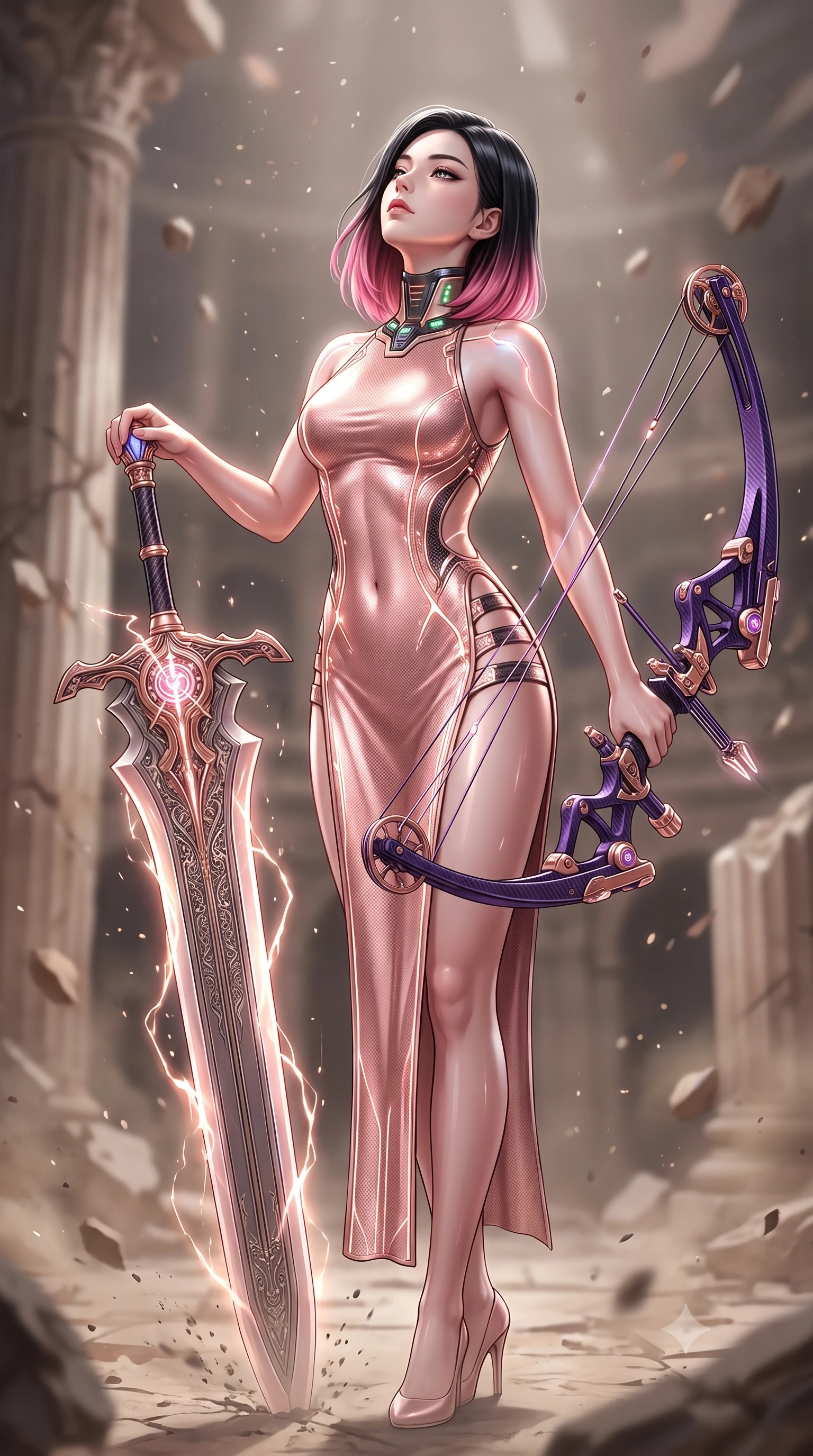 score_9, masterpiece, best quality, ultra-detailed, high-budget anime keyframe, semi-realistic 3D game render, editorial fashion photography, tasteful artistic composition, Korean woman. close-up cowboy shot from the waist and thighs up, the character dominates the composition, filling the frame with her large presence. tilting her head back with serene regal elegance, her sharp jawline and sculpted collarbones highlighted by glowing weapon energy reflections while pivoting dynamically as she plants the colossal greatsword tip into the ground, leaning on the hilt with sovereign poise. The composition keeps background elements in soft focus with creamy bokeh. shattered arena pillars and rising dust motes softened in dramatic shallow depth of field. She has an exceptionally elegant, slender, and willowy female figure with an ultra-slim waist, a gracefully sculpted slender torso, toned flat midriff, and a refined slim silhouette. sharp v-shaped jawline, high-bridge nose, intricate jewel-like eyes with depth, thick eyelashes, glossy lips with a natural sheen, flawlessly proportioned anatomical accuracy, strict slender model proportions, natural body alignment, perfectly sculpted long slender limbs, ultra-slim waistline, clean dynamic posture without body distortion. wearing a form-fitting luminous rose-gold carbon combat gown with tactical side slits, wielding a floating magnetic energy bow with celestial poise in royal purple carbon fiber with rose-gold hardware and clasps, crafted from semi-translucent cybernetic carbon-vinyl interwoven with glowing micro-filaments, featuring a sleek aerodynamic collar framed by subtle glowing cybernetic status LEDs, the liquid-tight tailored fabric emphasizing every curve of her tall, slender model proportions and sculptured silhouette during dynamic movement. illuminated by sharp specular highlights tracing her ultra-slim waist, long legs, and flat midriff. rich saturated anime colors with glowing neon highlights, detailed shading with soft gradients, rich glossy textures, high-contrast stereoscopic depth, volumetric dynamic lighting, master piece, 9:16 ratio