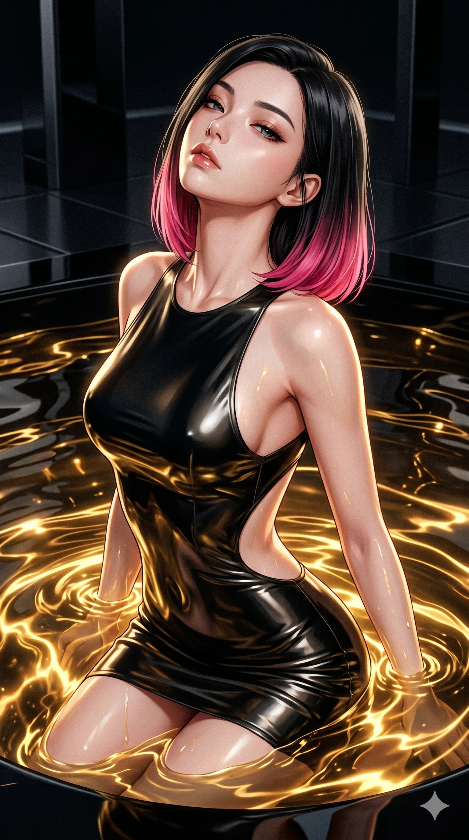 score_9, masterpiece, best quality, ultra-detailed, high-budget anime keyframe, editorial fashion photography, tasteful artistic composition, Korean woman. Upper body close-up from the thighs up, character filling the screen for maximum presence. She is partially submerged in a high-tech obsidian pool filled with glowing liquid gold. She tilts her head back with a sensual expression, exposing her throat and shoulders to the camera. She has an absolutely perfect 8-heads proportion, an exceptionally tall and slender female figure with impossibly long slender legs and an ultra-slim waist. V-shaped jawline, high-bridge nose, intricate jewel-like eyes with depth, thick eyelashes, glossy lips with a natural sheen. She is wearing a second-skin fashion-latex mini dress with a clean architectural front, featuring an open-back design that wraps around the sides of her waist, showcasing her slender silhouette. The scene is lit by shimmering gold reflections from the liquid pool and bright studio key lights. 2k, ultra detail, master piece, 9:16 ratio