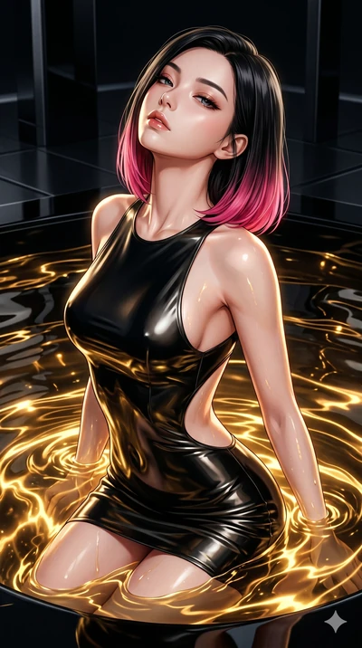 score_9, masterpiece, best quality, ultra-detailed, high-budget anime keyframe, editorial fashion photography, tasteful artistic composition, Korean woman. Upper body close-up from the thighs up, character filling the screen for maximum presence. She