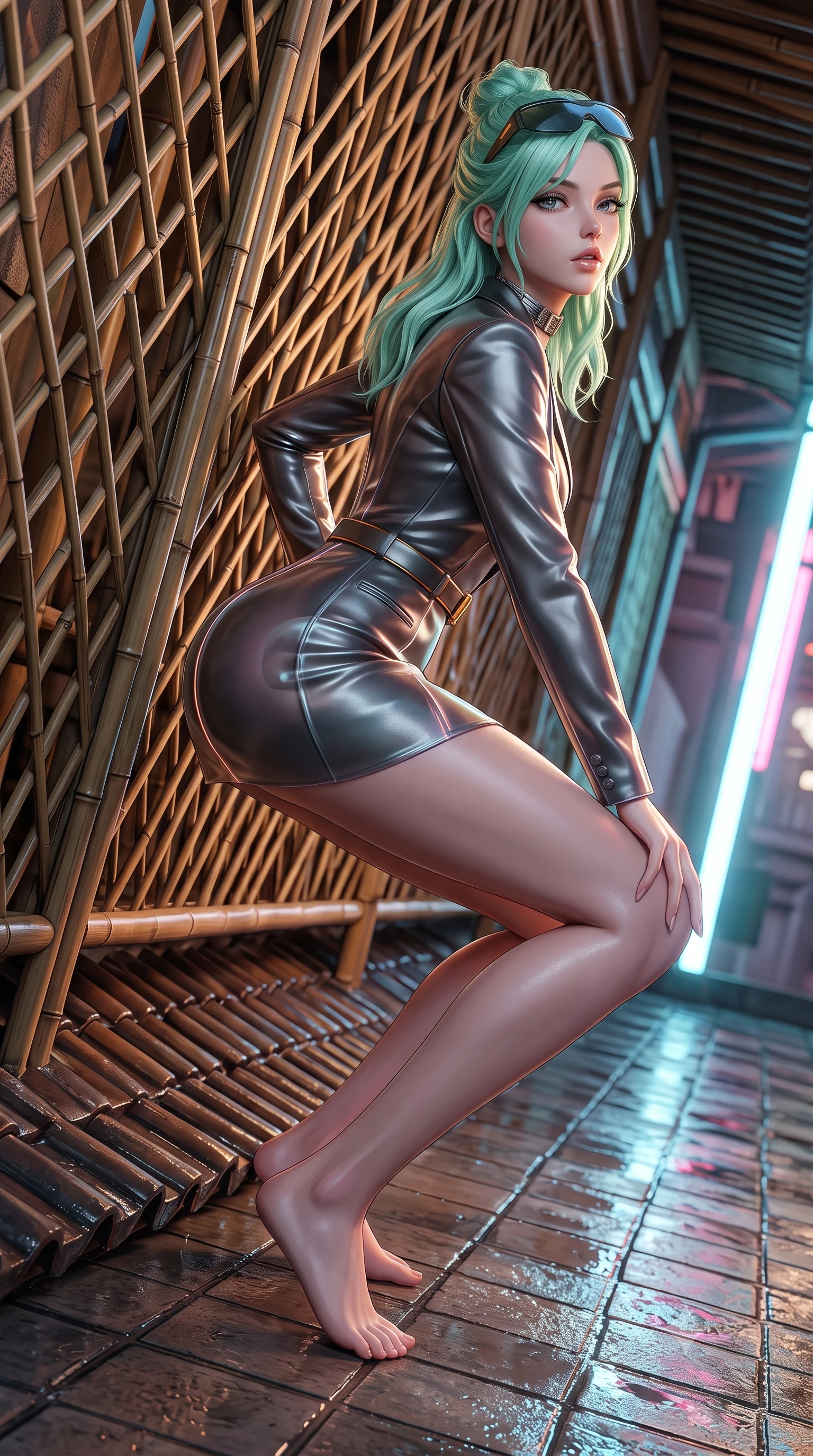 score_9, masterpiece, best quality, ultra-detailed, high-budget anime keyframe, semi-realistic 3D game render, editorial fashion photography, tasteful artistic composition, Japanese woman. low angle full-body shot from head to toe showing her feet, filling the entire 9:16 vertical frame with her statuesque presence, stretching her vertical silhouette. leaning deep against the structural architecture with hips cocked in an unapologetically bold, seductive high-fashion stance while crouching low on the wet tiled rooftop terrace with back turned slightly to the lens, glancing back with smoldering bedroom-eyes and parted lips. The surrounding environment is rendered in vivid detail and crisp panoramic clarity. sharp bamboo lattice textures, wet ceramic roof tiles, and glowing neon tube reflections in deep focus. She has an absolutely perfect, statuesque 8.5-heads proportion, an exceptionally tall and slender model-like female figure with impossibly long slender legs, a toned flat midriff, an ultra-slim waist, and beautifully sculpted feminine hips. sharp v-shaped jawline, high-bridge nose, intricate jewel-like eyes with depth, thick eyelashes, glossy parted lips with a natural sheen, intensely captivating and seductive bedroom-eyes expression, flawlessly proportioned anatomical accuracy, strict slender model proportions, natural body alignment, perfectly sculpted long slender limbs, ultra-slim waistline, clean dynamic posture without body distortion. wearing a tailored satin tuxedo jacket dress with mandarin lapels and a slim gold-buckle belt in metallic gunmetal and laser orange, made of semi-translucent cybernetic vinyl with glowing micro-filaments, accessorized with cyber-visor sunglasses resting on her brow and chunky silver choker, the form-contouring material adhering flawlessly to her sculpted flat midriff and slender torso, emphasizing her long leg lines and perfectly proportioned willowy build. illuminated by wet specular asphalt bounce lights sharply sculpting her narrow waist and rounded hips. highly saturated vibrant anime colors, detailed shading with soft gradients, rich glossy textures, high-contrast stereoscopic depth, volumetric dynamic lighting, master piece, 9:16 ratio