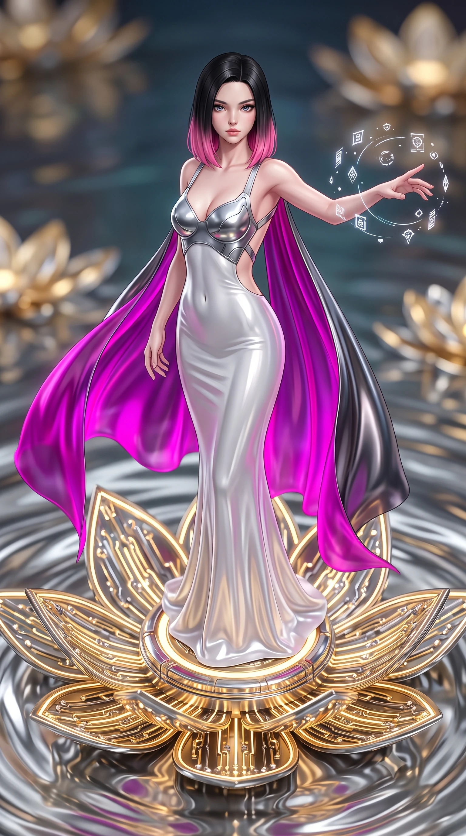 score_9, masterpiece, best quality, ultra-detailed, high-budget anime keyframe, semi-realistic 3D game render, editorial fashion photography, tasteful artistic composition, Korean woman. close-up cowboy shot from the waist and thighs up, the character dominates the composition, filling the frame with her large presence. extending one arm gracefully as floating holographic glyphs and nano-crystals orbit her fingertips with sovereign power while standing with sovereign poise atop a gigantic glowing gold and chrome circuit lotus floating in a pool of liquid mercury. The composition keeps background elements in soft focus with creamy bokeh. giant glowing circuit lotus petals and swirling mercury ripples blurred into rich golden and chrome bokeh. She has an exceptionally elegant, slender, and willowy female figure with an ultra-slim waist, a gracefully sculpted slender torso, toned flat midriff, and a refined slim silhouette. sharp v-shaped jawline, high-bridge nose, intricate jewel-like eyes with depth, thick eyelashes, glossy lips with a natural sheen, flawlessly proportioned anatomical accuracy, strict slender model proportions, natural body alignment, perfectly sculpted long slender limbs, ultra-slim waistline, clean dynamic posture without body distortion. wearing a form-contouring white liquid-mercury gown with polished silver biomechanical breastplate and flowing luminescent chiffon cape in vibrant electric magenta and ultra-reflective dark titanium, made of smooth flowing silk chiffon that shifts colors with movement, complemented by criss-cross back straps highlighting her completely bare spine, the form-contouring material adhering flawlessly to her sculpted flat midriff and slender torso, emphasizing her long leg lines and perfectly proportioned willowy build. surrounded by an opulent, mystical, and sacredly sensual android goddess ambiance. rich saturated anime colors with glowing neon highlights, detailed shading with soft gradients, rich glossy textures, high-contrast stereoscopic depth, volumetric dynamic lighting, master piece, 9:16 ratio
