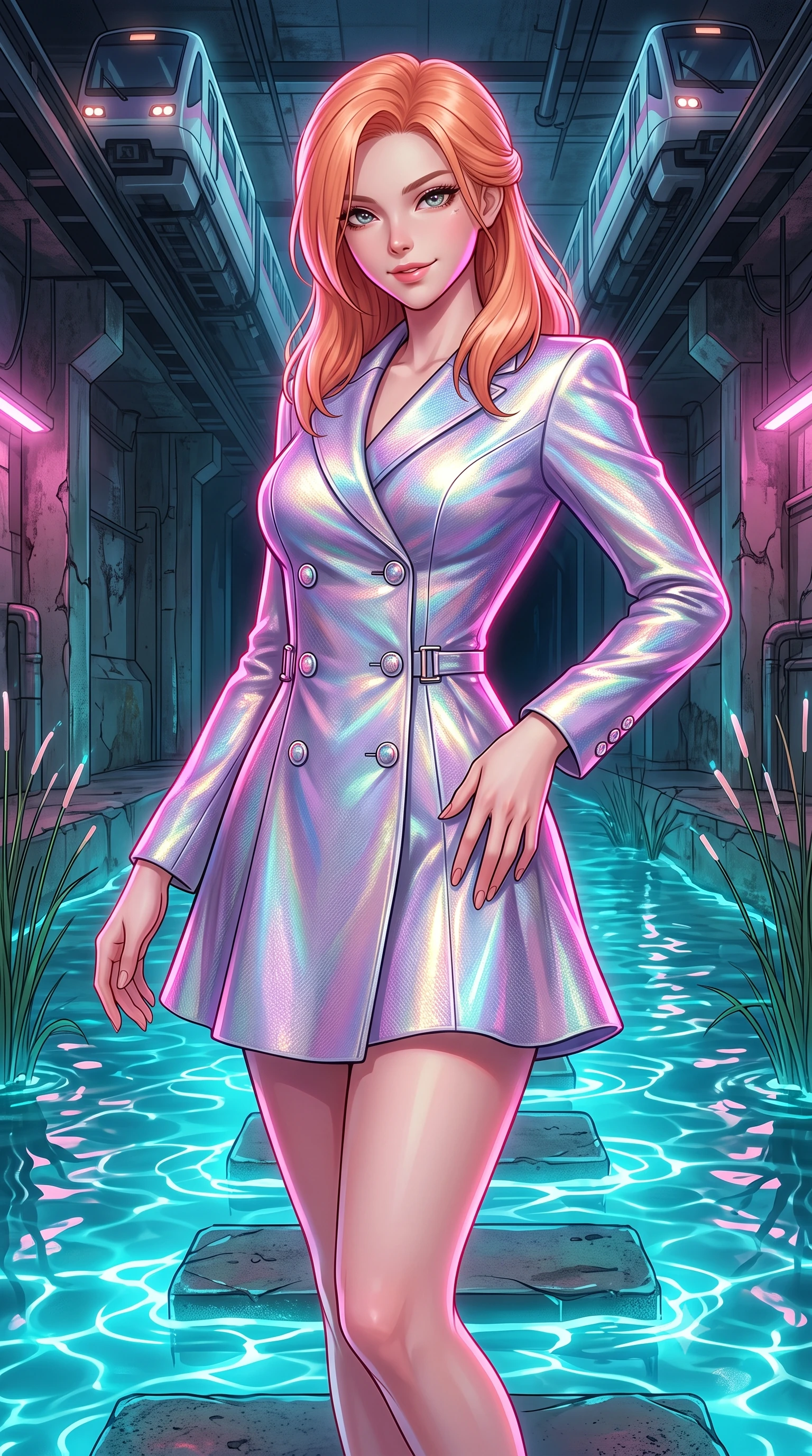 score_9, masterpiece, best quality, ultra-detailed, high-budget anime keyframe, semi-realistic 3D game render, editorial fashion photography, tasteful artistic composition, Japanese woman. close-up cowboy shot from the waist and thighs up, the character dominates the composition, filling the frame with her large presence. tilting her head with a teasing half-smile, running one hand slowly down the side of her hip in a flirtatious S-curve as ambient light caresses her silhouette while standing poised on the illuminated stepping stones across the glowing subterranean stream, arching her spine with seductive grace as maglev trains rumble overhead. The surrounding environment is rendered in vivid detail and crisp panoramic clarity: sharp water ripple reflections on stepping stones, weathered cyber-concrete textures, and fiber-optic reed stems in deep focus. She has an exceptionally elegant, slender, and willowy female figure with an ultra-slim waist, flat toned midriff, narrow ribcage, and sculpted feminine hips creating an alluring, slim hourglass silhouette without bulk. sharp v-shaped jawline, high-bridge nose, intricate jewel-like sparkling eyes with depth, thick eyelashes, glossy parted lips with a natural peach sheen, bright cheerful beaming smile with an enchanting and coquettish sensual glint, exuding both youthful cute charm and seductive allure, flawlessly proportioned anatomical accuracy, strict slender model proportions, natural body alignment, perfectly sculpted long slender limbs, ultra-slim waistline, clean dynamic posture without body distortion. wearing a tailored double-breasted iridescent silk lamé coat dress with metallic button closures in holographic prismatic pearl and titanium white, woven from structured carbon-fiber jacquard with rich textural depth, finished with sleek magnetic buckle closures fluttering in the breeze, the bespoke structured tailoring following the natural line of her 8.5-heads silhouette with refined elegance. illuminated by canal water reflection bounce and sharp neon-pink rim lights sculpting her jawline, narrow waist, and curvy hips. highly saturated vibrant anime colors, detailed shading with soft gradients, rich glossy textures, high-contrast stereoscopic depth, volumetric dynamic lighting, master piece, 9:16 ratio