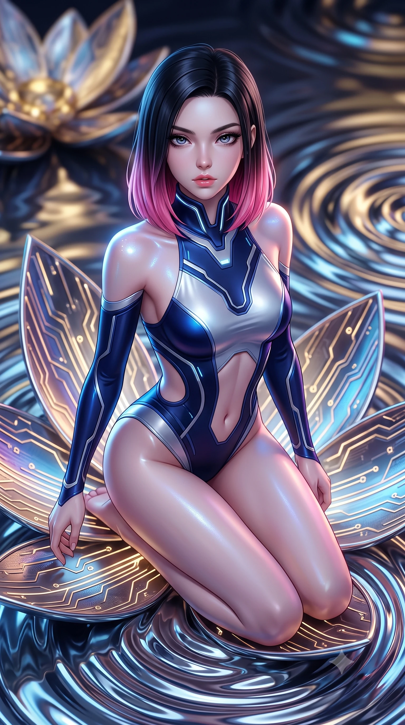 score_9, masterpiece, best quality, ultra-detailed, high-budget anime keyframe, semi-realistic 3D game render, editorial fashion photography, tasteful artistic composition, Korean woman. close-up cowboy shot from the waist and thighs up, the character dominates the composition, filling the frame with her large presence. looking into the camera lens with intense, captivating depth, softly parted glossy lips and thick eyelashes framing her ethereal gaze while kneeling gracefully on a metallic lotus petal as ripples of liquid mercury reflect brilliant neon light across her bare shoulders. The composition keeps background elements in soft focus with creamy bokeh. giant glowing circuit lotus petals and swirling mercury ripples blurred into rich golden and chrome bokeh. She has an exceptionally elegant, slender, and willowy female figure with an ultra-slim waist, a gracefully sculpted slender torso, toned flat midriff, and a refined slim silhouette. sharp v-shaped jawline, high-bridge nose, intricate jewel-like eyes with depth, thick eyelashes, glossy lips with a natural sheen, flawlessly proportioned anatomical accuracy, strict slender model proportions, natural body alignment, perfectly sculpted long slender limbs, ultra-slim waistline, clean dynamic posture without body distortion. wearing a statuesque midnight cobalt and polished platinum bodysuit featuring sleek aerodynamic contour lines and glowing circuit accents in deep midnight navy blue and pure starlight chrome, made of smooth flowing silk chiffon that shifts colors with movement, featuring a sleek aerodynamic collar framed by subtle glowing cybernetic accents, the precision-cut daring openings accentuating her delicate midriff, graceful bare collarbones, and ultra-slim feminine waistline. illuminated by crisp white key lighting with specular metallic highlights tracing her slender curves. rich saturated anime colors with glowing neon highlights, detailed shading with soft gradients, rich glossy textures, high-contrast stereoscopic depth, volumetric dynamic lighting, master piece, 9:16 ratio