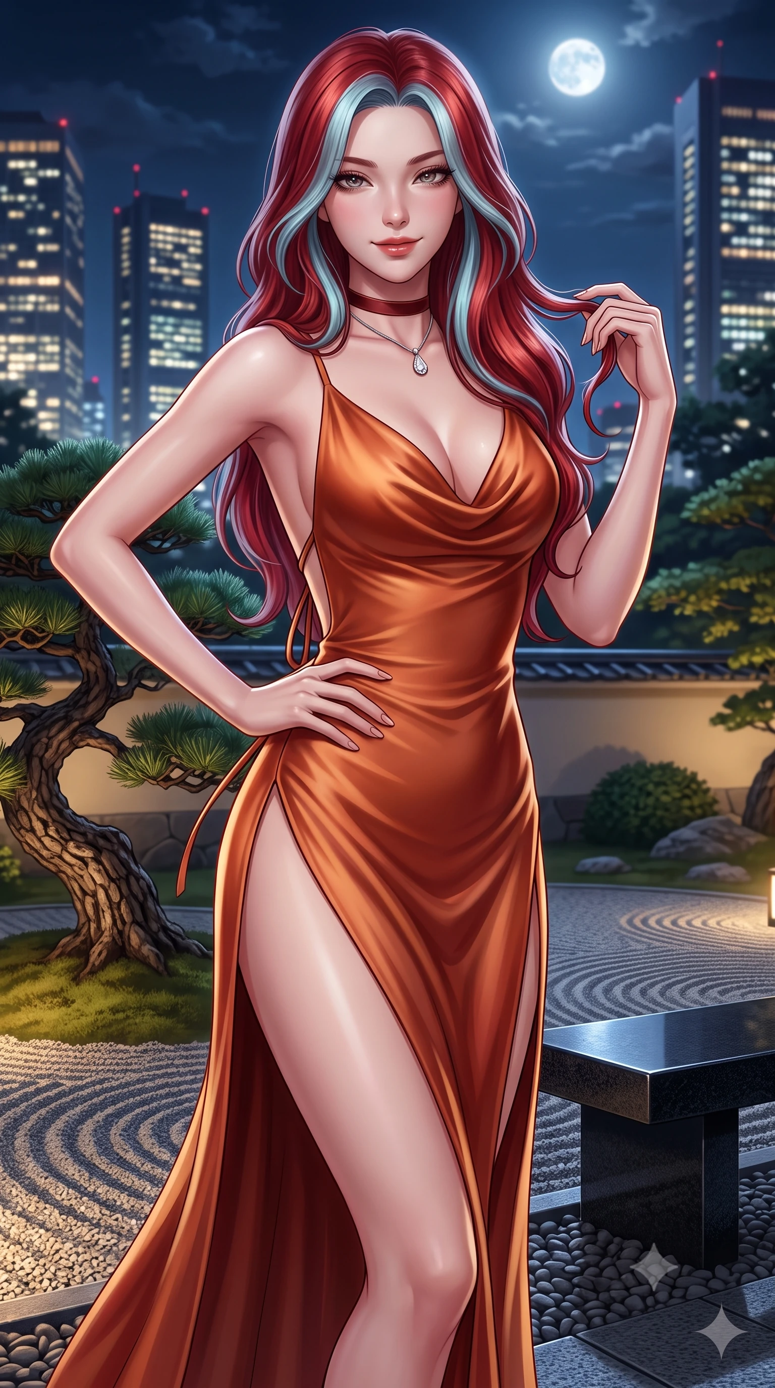 score_9, masterpiece, best quality, ultra-detailed, high-budget anime keyframe, semi-realistic 3D game render, editorial fashion photography, tasteful artistic composition, Caucasian woman. close-up cowboy shot from the waist and thighs up, the character dominates the composition, filling the frame with her large presence. twisting her slender torso in an alluring contrapposto stance, one hand resting on her sculpted hip while her fingers toy with her hair with effortless poise while twisting her slender torso in an alluring S-curve, gentle night breezes fluttering her silk dress as Shinjuku skyscraper towers loom behind. The surrounding environment is rendered in vivid detail and crisp panoramic clarity: sharp raked gravel furrows, gnarled pine bark textures, and polished black granite bench surfaces in deep focus. She has an exceptionally elegant, slender, and willowy female figure with an ultra-slim waist, flat toned midriff, narrow ribcage, and sculpted feminine hips creating an alluring, slim hourglass silhouette without bulk. sharp v-shaped jawline, high-bridge nose, sparkling eyes with hypnotic seductive depth, thick curled eyelashes, glossy parted lips with a natural dewy peach sheen, alluring bedroom-eyes with an enchanting coquettish smile, exuding magnetic siren charisma and sophisticated glamour, flawlessly proportioned anatomical accuracy, strict slender model proportions, natural body alignment, perfectly sculpted long slender limbs, ultra-slim waistline, clean dynamic posture without body distortion. wearing a plunging cowl-neck liquid cashmere-silk slip gown with daring hip-high double slits and delicate back ties in sun-drenched Tuscan terracotta and burnished copper, tailored from fine structural neoprene with crisp architectural edges and smooth contouring, finished with a thin velvet ribbon choker and a single teardrop diamond pendant, the second-skin tailored fabric adhering flawlessly to her sculpted flat midriff and slender torso, emphasizing her long leg lines and perfectly proportioned willowy build. bathed in soft 2800K low-voltage garden ground spotlights highlighting the bonsai pine mixed with full moon sky glow. highly saturated vibrant anime colors, detailed shading with soft gradients, rich glossy textures, high-contrast stereoscopic depth, volumetric dynamic lighting, master piece, 9:16 ratio