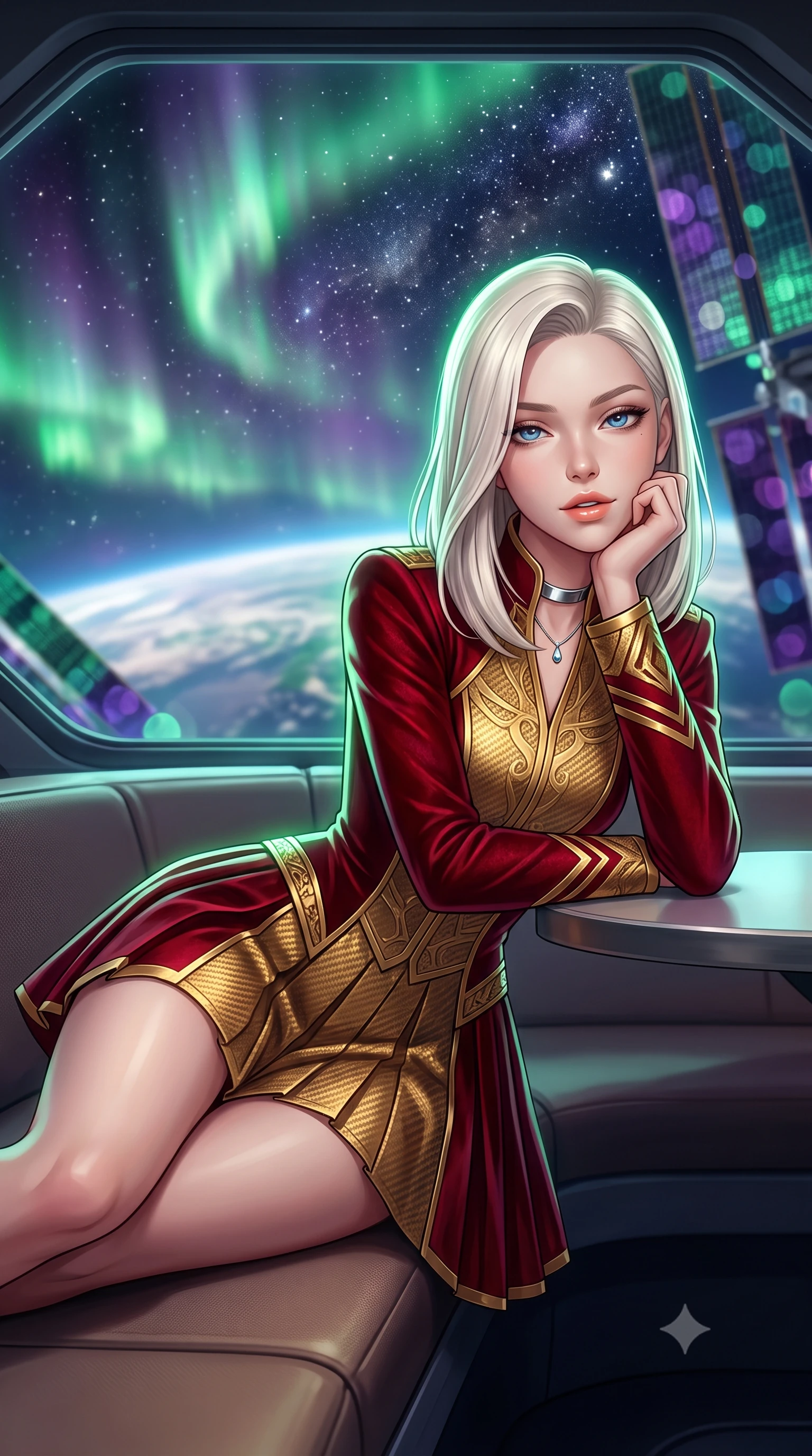 score_9, masterpiece, best quality, ultra-detailed, high-budget anime keyframe, semi-realistic 3D game render, editorial fashion photography, tasteful artistic composition, Caucasian woman. close-up cowboy shot from the waist and thighs up, the character dominates the composition, filling the frame with her large presence. resting one elbow on the table and supporting her chin, leaning close to the camera with heavy-lidded sparkling eyes and parted lips while lounging gracefully across the observation pod seat propped on one elbow with legs extended, displaying her long slender limbs and statuesque hourglass silhouette against the cosmos. The background shows a soft-focus swirling green and violet polar auroras dancing across Earth's curve, dense Milky Way star clusters, and solar array wings blurred into emerald, amethyst, and sapphire bokeh. She has an exceptionally elegant, slender, and willowy female figure with an ultra-slim waist, flat toned midriff, narrow ribcage, and sculpted feminine hips creating an alluring, slim hourglass silhouette without bulk. sharp v-shaped jawline, high-bridge nose, intricate jewel-like sparkling eyes with depth, thick eyelashes, glossy parted lips with a natural peach sheen, bright cheerful beaming smile with an enchanting and coquettish sensual glint, exuding both youthful cute charm and seductive allure, flawlessly proportioned anatomical accuracy, strict slender model proportions, natural body alignment, perfectly sculpted long slender limbs, ultra-slim waistline, clean dynamic posture without body distortion. wearing a structured deep-space commander dress uniform with stand-up mandarin collar and pleated A-line skirt in Cyber-Baroque gilded gold and royal crimson velvet, woven from structured carbon-fiber jacquard with rich textural depth, finished with a minimalist chrome choker and a single teardrop diamond pendant, the bespoke structured tailoring following the natural line of her 8.5-heads silhouette with refined elegance. illuminated by Earth albedo reflection bounce and sharp aurora-emerald rim lights sculpting her jawline, narrow waist, and curvy hips. highly saturated vibrant anime colors, detailed shading with soft gradients, rich glossy textures, high-contrast stereoscopic depth, volumetric dynamic lighting, master piece, 9:16 ratio