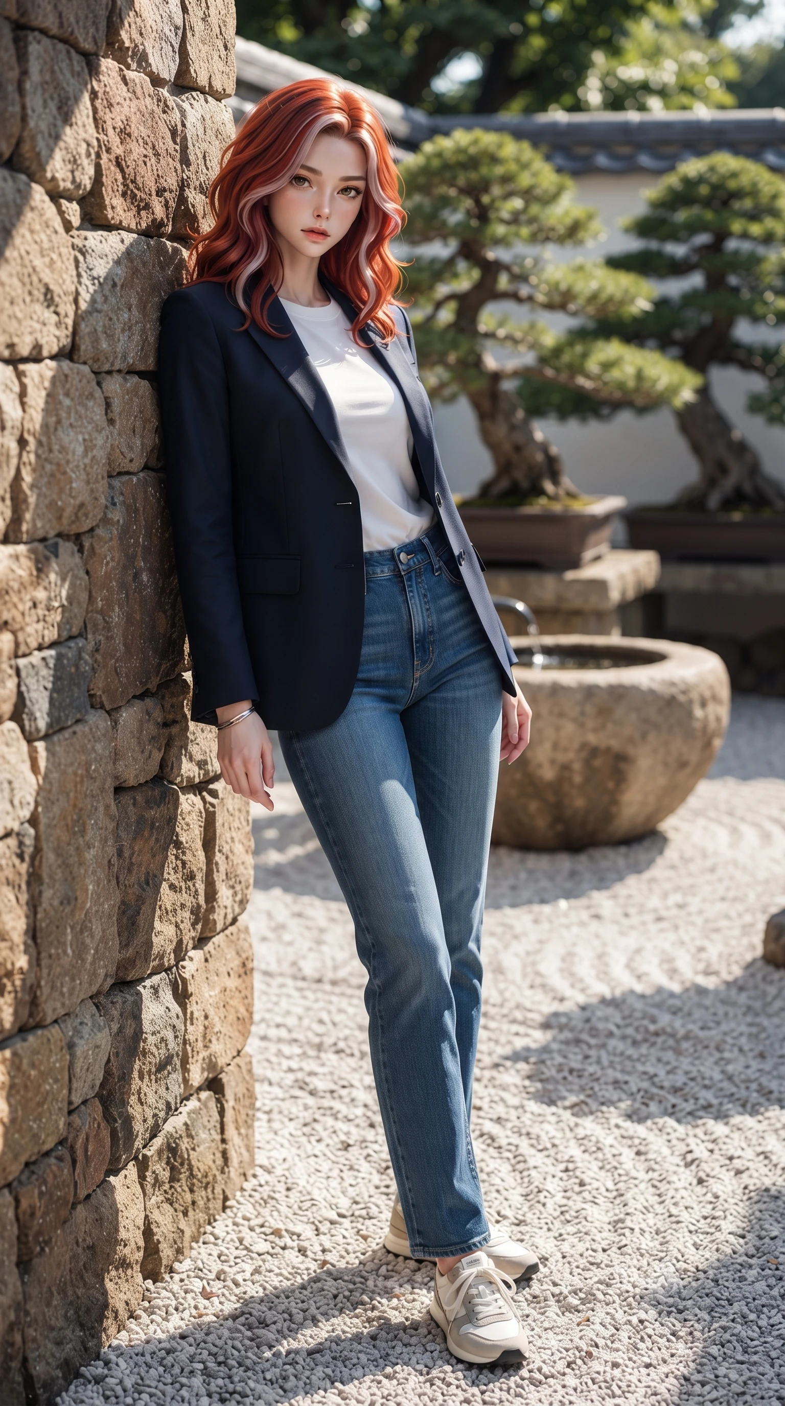 score_9, masterpiece, best quality, ultra-detailed, high-budget anime keyframe, editorial fashion photography, tasteful artistic composition, Caucasian woman. low angle full-body shot from head to toe showing her feet, filling the entire 9:16 vertical frame with her statuesque presence, stretching her vertical silhouette. leaning back against a rustic stone wall, casting a slow, alluring gaze at the camera the background shows a soft-focus a private garden bonsai deck with white raked gravel and stone basins. She has an absolutely perfect, statuesque 8.5-heads proportion, an exceptionally tall and slender model-like female figure with impossibly long slender legs and an ultra-slim waist. sharp v-shaped jawline, high-bridge nose, intricate jewel-like eyes with depth, thick eyelashes, glossy lips with a natural sheen. wearing a form-contouring classic navy blue blazer over a white crewneck shirt and straight-leg blue jeans. crisp morning sunlight casting sharp, clean shadows across gravel. ultra-reflective glossy finish, specular highlights, metallic sheen, high-contrast stereoscopic depth, volumetric dynamic lighting, 2k, ultra detail, master piece, 9:16 ratio
