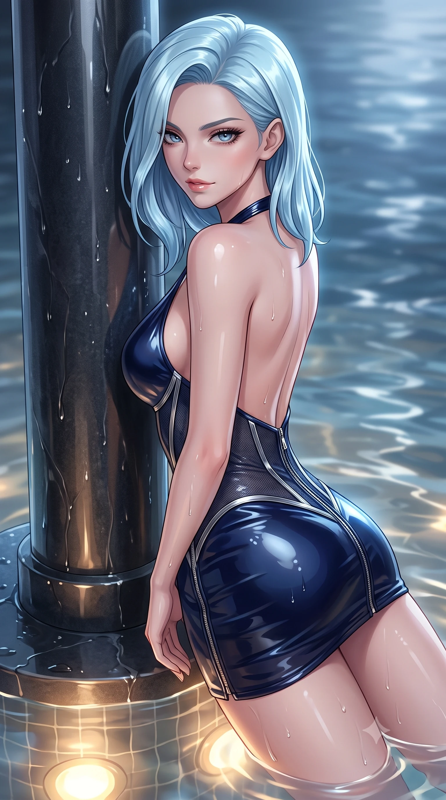score_9, masterpiece, best quality, ultra-detailed, high-budget anime keyframe, editorial fashion photography, tasteful artistic composition, Korean woman. close-up cowboy shot from the waist and thighs up, the character dominates the composition, filling the frame with her large presence, background elements kept in soft focus. Glancing sidelong over her shoulder with a smoldering, enigmatic half-smile, leaning against a polished basalt pool pillar as warm underwater lights glow, magnetic composed gaze directly into the camera with effortless confidence. She has an exceptionally elegant, slender, and willowy female figure with an ultra-slim waist, a gracefully sculpted slender torso, and a refined silhouette. sharp v-shaped jawline, high-bridge nose, intricate jewel-like eyes with depth, thick eyelashes, glossy lips with a natural sheen. wearing backless liquid vinyl mini slip dress with bare shoulder halter neckline in midnight navy blue, made of fine dark contouring mesh, finished with metallic silver boning and sleek zipper points, sculpting her athletic slender build with refined precision. illuminated by warm underwater spotlights and cold silver moonlight from above. highly saturated vibrant anime colors, detailed shading with soft gradients, rich glossy textures, high-contrast stereoscopic depth, volumetric dynamic lighting, master piece, 9:16 ratio