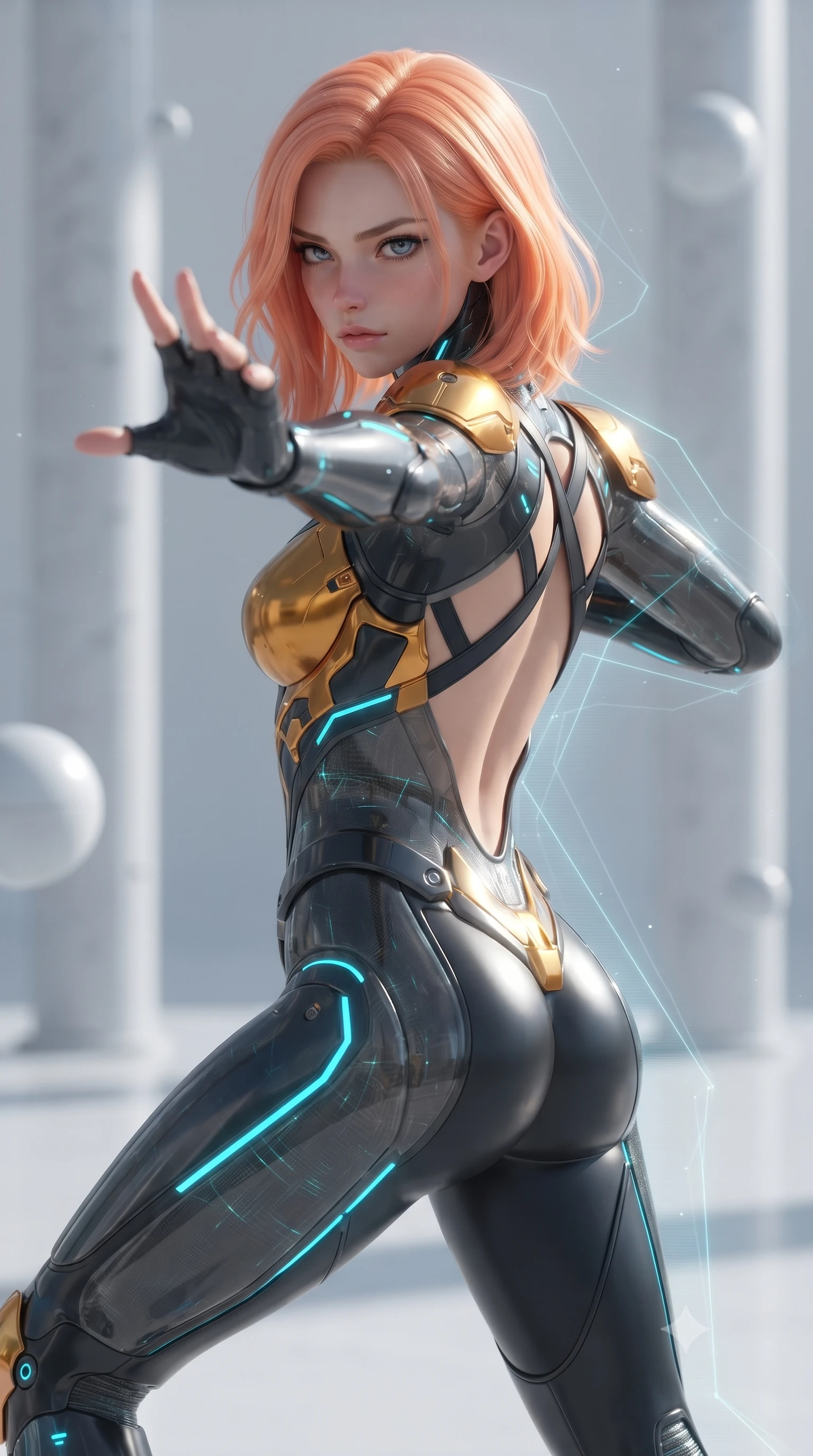 score_9, masterpiece, best quality, ultra-detailed, high-budget anime keyframe, editorial fashion photography, tasteful artistic composition, Japanese woman. close-up cowboy shot from the waist and thighs up, the character dominates the composition, filling the frame with her large presence. in a razor-sharp Panzer Kunst fighting guard, one hand extended with palm open in fluid kinetic tension, captivating jewel-like eyes locked onto the viewer with dangerous focus while launching off the transparent glass dome wall with supersonic speed, leaving a faint geometric data trail behind her silhouette. The composition keeps background elements in soft focus with creamy bokeh. minimalist quartz dojo pillars and floating zero-G training spheres softened in smooth atmospheric depth of field. She has an exceptionally elegant, slender, and willowy female figure with an ultra-slim waist, a gracefully sculpted slender torso, toned flat midriff, and a refined slim silhouette. sharp v-shaped jawline, high-bridge nose, intricate jewel-like eyes with depth, thick eyelashes, glossy lips with a natural sheen, flawlessly proportioned anatomical accuracy, strict slender model proportions, natural body alignment, perfectly sculpted long slender limbs, ultra-slim waistline, clean dynamic posture without body distortion. wearing a sculpted molten-gold and dark carbon cuirass paired with high-mobility combat leggings and kinetic energy channels in matte obsidian carbon black with electric cyan conduits, crafted from semi-translucent cybernetic carbon-vinyl interwoven with glowing micro-filaments, complemented by criss-cross back harness straps highlighting her completely bare spine, the sleek second-skin cut tightly hugging her graceful clavicle, narrow waist, and feminine curves with athletic precision. bathed in dazzling natural orbital sunlight and rich blue planetary ambient bounce light. ultra-reflective glossy finish, specular highlights, dark metallic sheen, high-contrast stereoscopic depth, volumetric dynamic lighting, 2k, ultra detail, master piece, 9:16 ratio