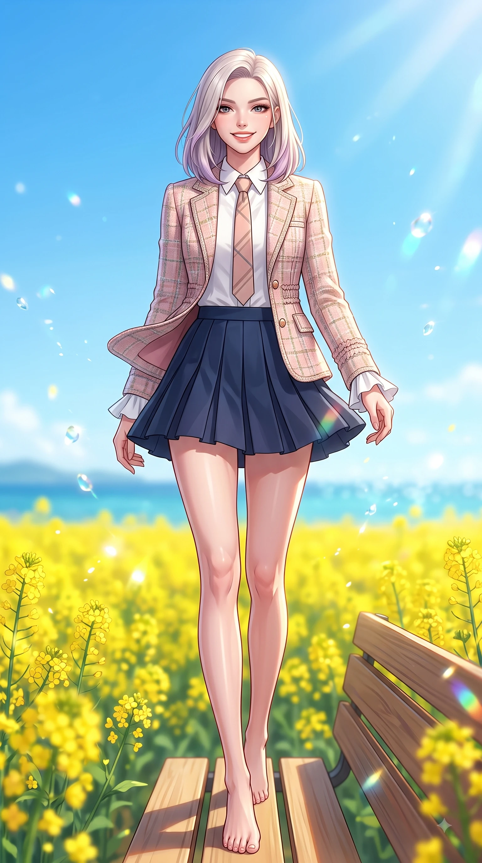 score_9, masterpiece, best quality, ultra-detailed, high-budget anime keyframe, editorial fashion photography, tasteful artistic composition, Caucasian woman. low angle full-body shot from head to toe showing her feet, filling the entire 9:16 vertical frame with her statuesque presence, stretching her vertical silhouette. walking forward in a proud dynamic stride with a cheerful beaming smile, her vertical silhouette filling the frame while sitting playfully on a wooden bench surrounded by yellow canola flower fields with a radiant beaming smile. The composition keeps background elements in soft focus with dreamy bokeh. yellow canola fields and clear coastal blue skies softened with a gentle dreamy background blur. She has an absolutely perfect, statuesque 8.5-heads proportion, an exceptionally tall and slender model-like female figure with impossibly long slender legs and an ultra-slim waist. sharp v-shaped jawline, high-bridge nose, intricate jewel-like eyes with depth, thick eyelashes, glossy lips with a natural sheen, flawlessly proportioned anatomical accuracy, natural body alignment, perfectly sculpted elegant limbs, clean dynamic posture without body distortion. wearing a preppy academy blazer over a crisp collared shirt, navy pleated skirt, and a slim necktie in cherry blossom pink and soft beige, tailored from soft pastel tweed with subtle metallic thread, accented with soft smocked details and fluttery cuffs, the breezy lightweight fabric fluttering softly against her delicate frame. bathed in brilliant tropical sunshine and glittering ocean water refractions. highly saturated vibrant anime colors, detailed shading with soft gradients, rich glossy textures, high-contrast stereoscopic depth, volumetric dynamic lighting, master piece, 9:16 ratio
