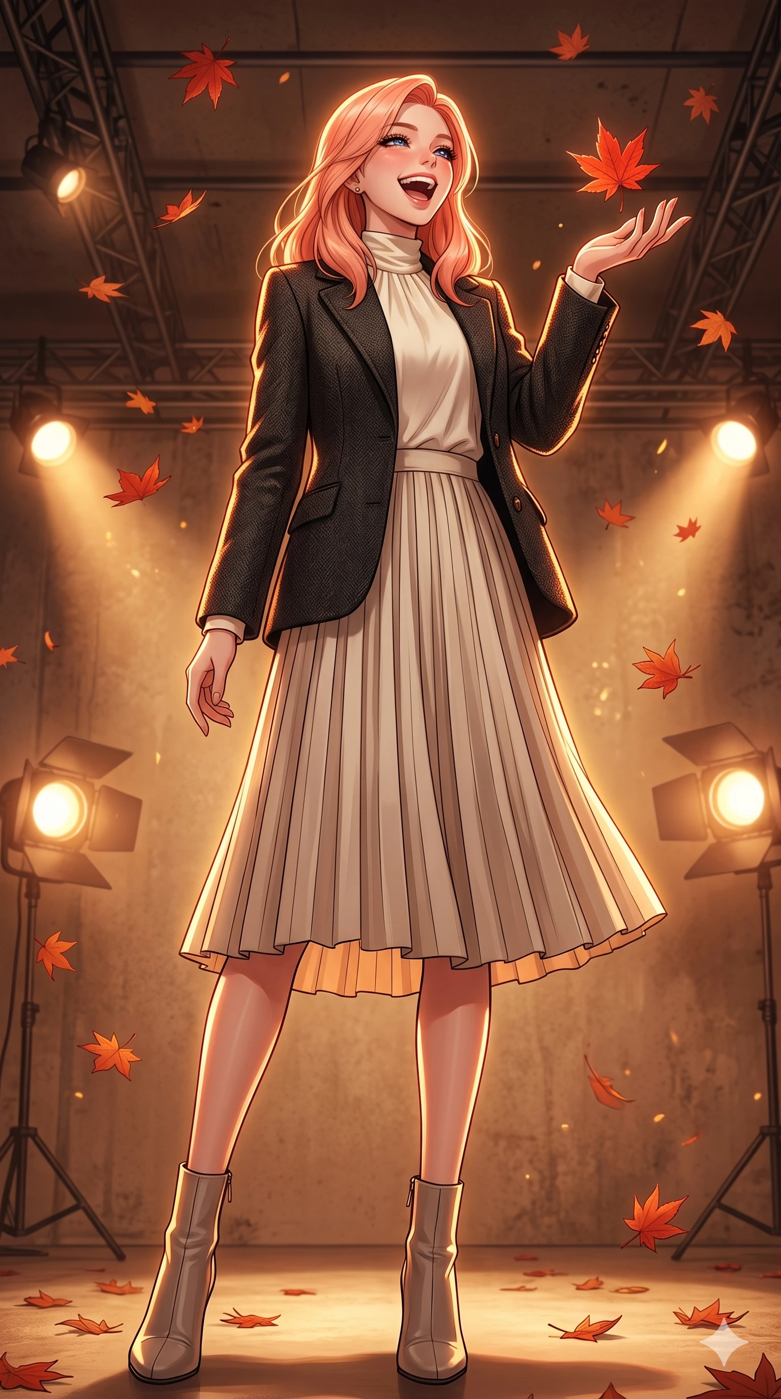 score_9, masterpiece, best quality, ultra-detailed, high-budget anime keyframe, vibrant anime aesthetic, Japanese woman. low angle full-body shot from head to toe showing her feet, filling the entire 9:16 vertical frame with her statuesque presence, stretching her vertical silhouette. She is catching a falling maple leaf with a happy laugh, her face glowing with delight inside a high-fashion editorial set with warm stage spotlights (Code-P21-034). She has an absolutely perfect 8-heads proportion, an exceptionally tall and slender female figure with impossibly long slender legs and an ultra-slim waist. V-shaped jawline, high-bridge nose, intricate jewel-like eyes with depth, thick eyelashes, glossy lips with a natural sheen. wearing a structured jacket over a high-neck silk shirt and skirt in winter. She is intense warm winter rim lights, outlining her 8-heads proportion and V-shaped jawline. 2k, ultra detail, master piece, 9:16 ratio