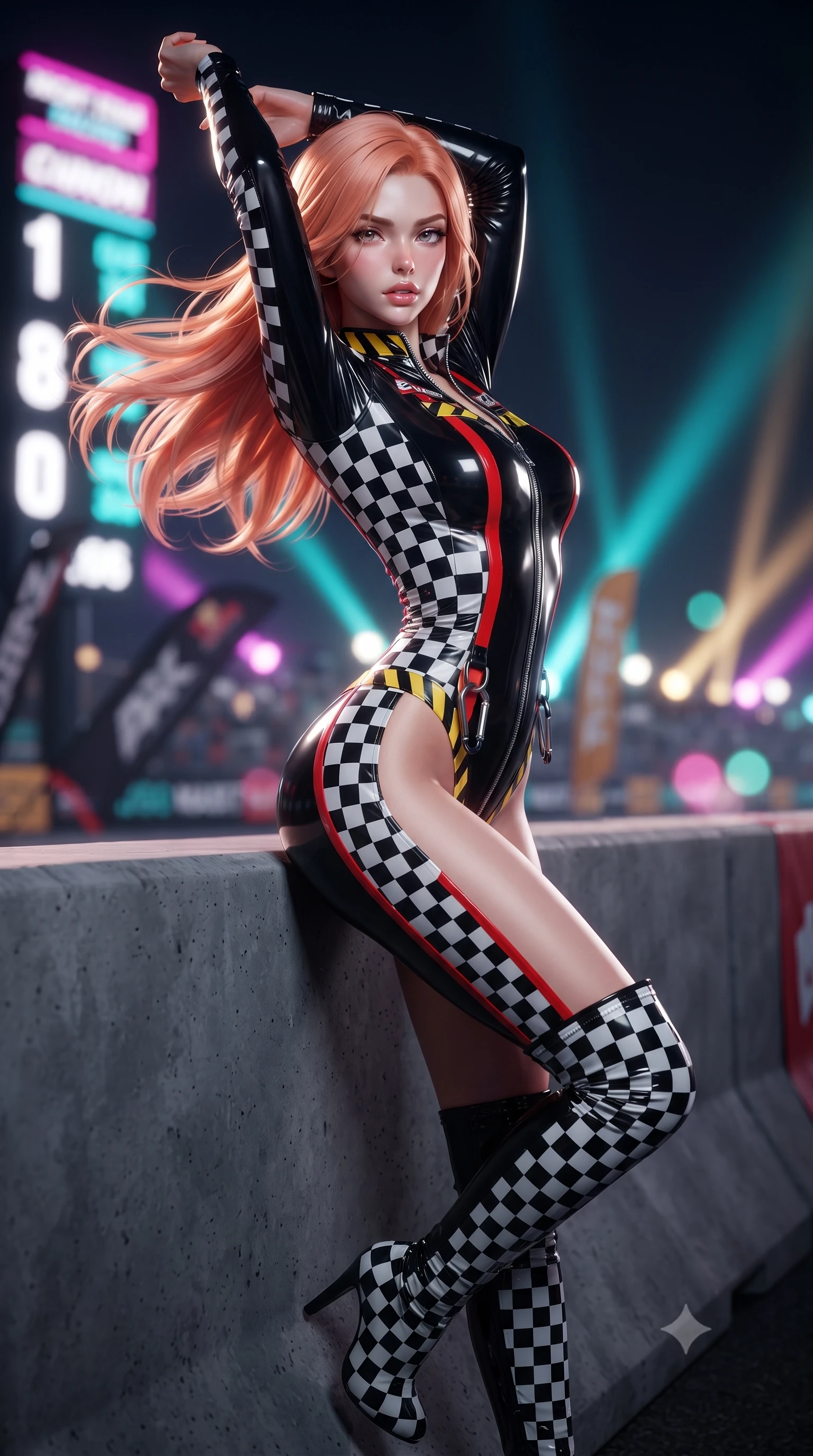 score_9, masterpiece, best quality, ultra-detailed, high-budget anime keyframe, editorial fashion photography, tasteful artistic composition, Japanese woman. close-up cowboy shot from the waist and thighs up, the character dominates the composition, filling the frame with her large presence. arching her back languidly with arms stretching overhead, highlighting her narrow waist and feminine silhouette in pure supermodel elegance while leaning against a heavy track barrier, tossing her hair over one shoulder as wind whips the racing circuit banners. The composition keeps background elements in soft focus with creamy bokeh. giant LED jumbotron race countdown graphics and sweeping searchlights blurred into electric magenta, turquoise, and gold bokeh. She has an exceptionally elegant, slender, and willowy female figure with an ultra-slim waist, a gracefully sculpted slender torso, toned flat midriff, and a refined slim silhouette. sharp v-shaped jawline, high-bridge nose, intricate jewel-like eyes with depth, thick eyelashes, glossy parted lips with a natural sheen, intensely captivating and seductive expression, flawlessly proportioned anatomical accuracy, strict slender model proportions, natural body alignment, perfectly sculpted long slender limbs, ultra-slim waistline, clean dynamic posture without body distortion. wearing a second-skin motocore bodysuit with bold racing stripes and ergonomic aerodynamic knee-high boots in monochrome checkerboard black and white with red accents, tailored from high-gloss patent vinyl with sharp specular chiaroscuro, finished with high-visibility hazard warning tape details and carabiner clips, the liquid-tight tailored fabric emphasizing every curve of her tall, slender model proportions and sculptured silhouette. illuminated by crisp directional rim lighting sharply defining her razor-sharp jawline and feminine curves. ultra-reflective glossy finish, specular highlights, rich textural contrasts, high-contrast stereoscopic depth, volumetric dynamic lighting, 2k, ultra detail, master piece, 9:16 ratio