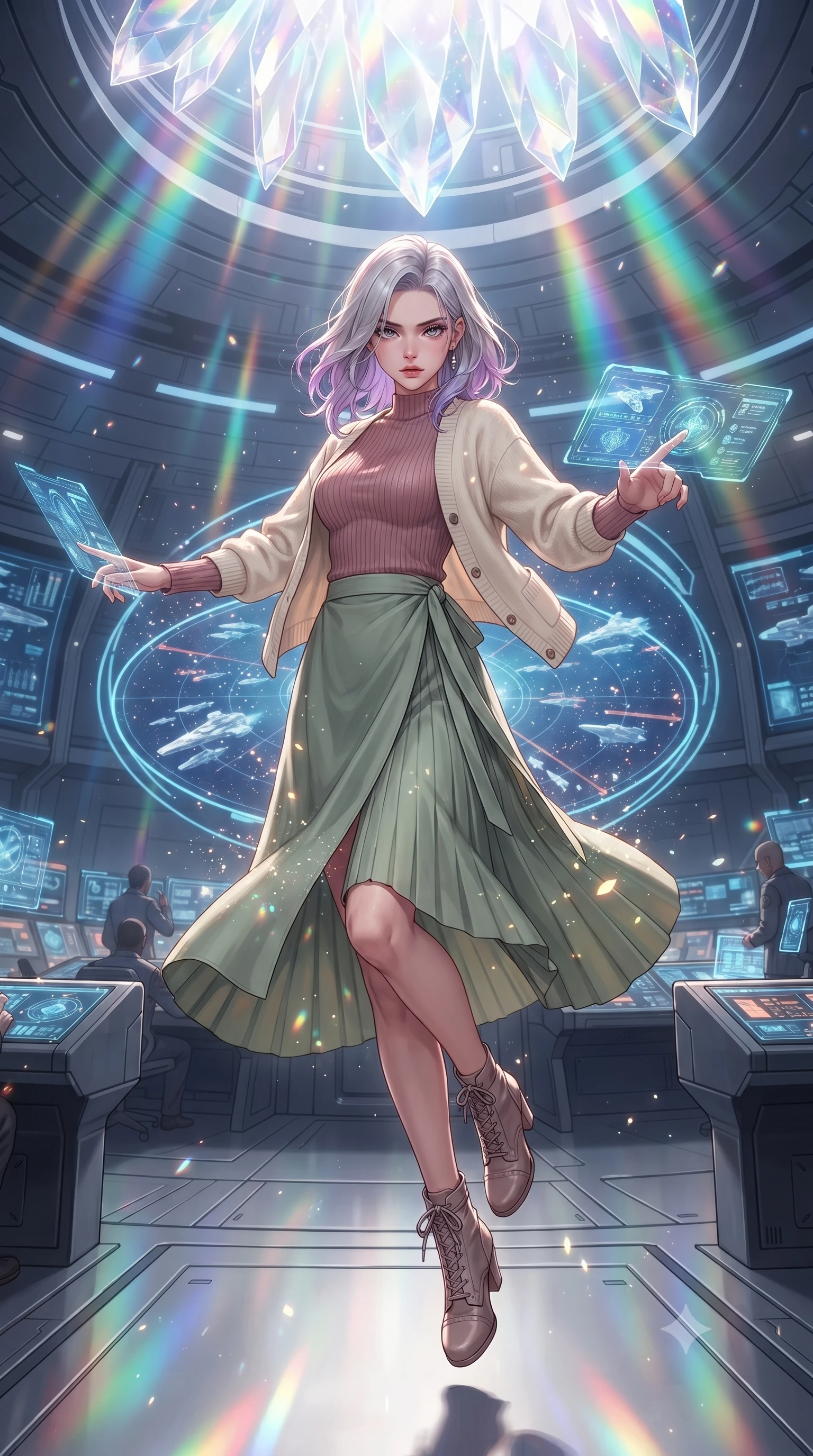 score_9, masterpiece, best quality, ultra-detailed, high-budget anime keyframe, editorial fashion photography, tasteful artistic composition, realistic cosplay photography, Caucasian woman, strictly human ears. low angle full-body shot from head to toe showing her feet, filling the entire 9:16 vertical frame with her statuesque presence, stretching her vertical silhouette. spinning mid-air in zero gravity to shoot in multiple directions, her silhouette stretched within the bridge of a colossal command cruiser, a giant circular holographic battle map in the center displaying starship fleets. She has a statuesque 8.5-heads proportion, an exceptionally tall, slender and willowy model-like build with impossibly long legs and a highly sculpted ultra-slim waist. sharp v-shaped jawline, high-bridge nose, intricate jewel-like eyes with depth, thick eyelashes, glossy lips with a natural sheen. wearing catching and diffusing the glowing particles, shimmering softly in response to the surrounding light, a tailored dusty rose ribbed knit top layered under a cream wool cardigan, paired with a sage green pleated wrap midi skirt. cascading rainbow prismatic light refracting through crystal formations overhead. ultra-reflective glossy finish, specular highlights, metallic sheen, high-contrast stereoscopic depth, volumetric dynamic lighting, 2k, ultra detail, master piece, 9:16 ratio