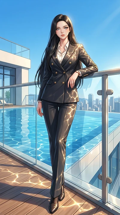 score_9, masterpiece, best quality, ultra-detailed, high-budget anime keyframe, vibrant anime aesthetic, Korean woman. low angle full-body shot from head to toe showing her feet, filling the entire 9:16 vertical frame with her statuesque presence, st