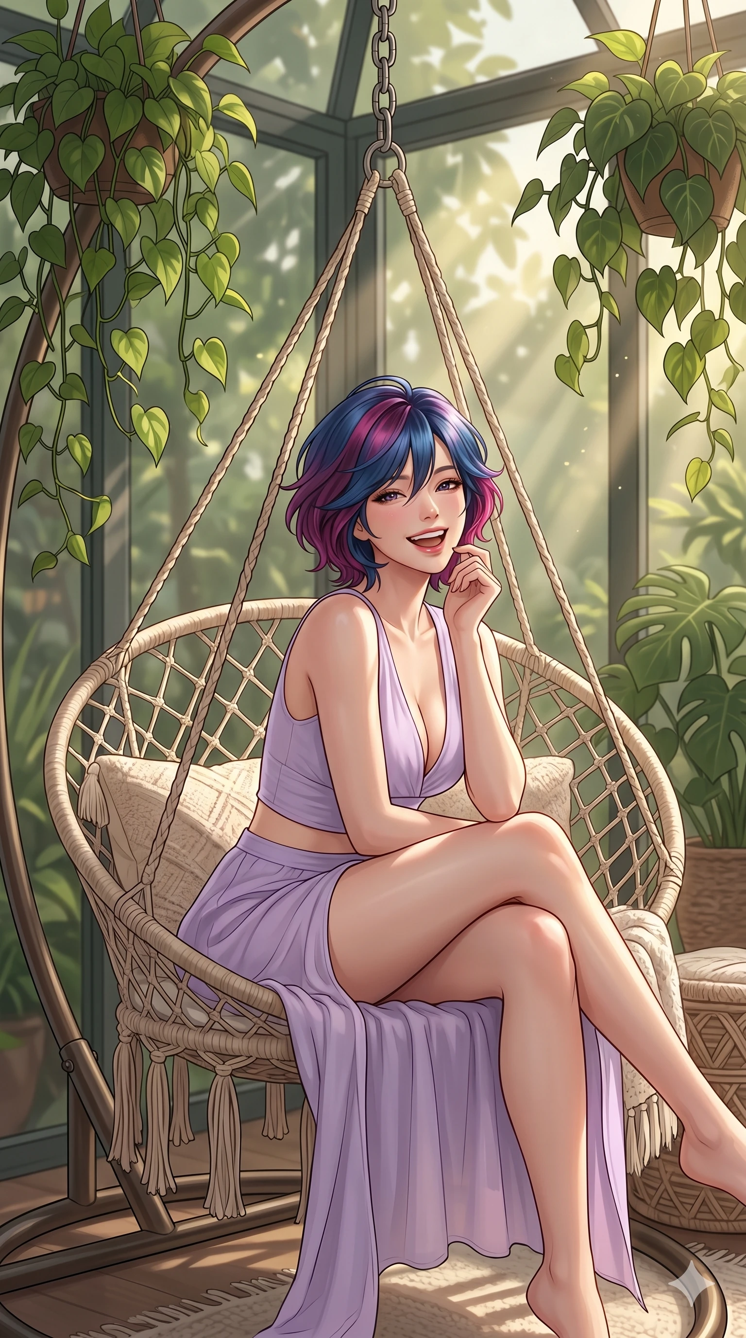 score_9, masterpiece, best quality, ultra-detailed, high-budget anime keyframe, editorial fashion photography, tasteful artistic composition, Korean woman. cowboy shot from the thighs up, character and outfit filling the frame for maximum editorial presence. sitting on the hanging chair, looking back with a bright, welcoming laugh inside a sunroom corner with green trailing plants and a hanging chair. She has an absolutely perfect 8-heads proportion, an exceptionally tall and slender female figure with impossibly long slender legs and an ultra-slim waist. V-shaped jawline, high-bridge nose, intricate jewel-like eyes with depth, thick eyelashes, glossy lips with a natural sheen. wearing a lightweight lavender crop top with a plunging V-neckline and matching split skirt. bathed in soft, warm sunbeams filtering through the foliage, creating a relaxed vibe. 2k, ultra detail, master piece, 9:16 ratio