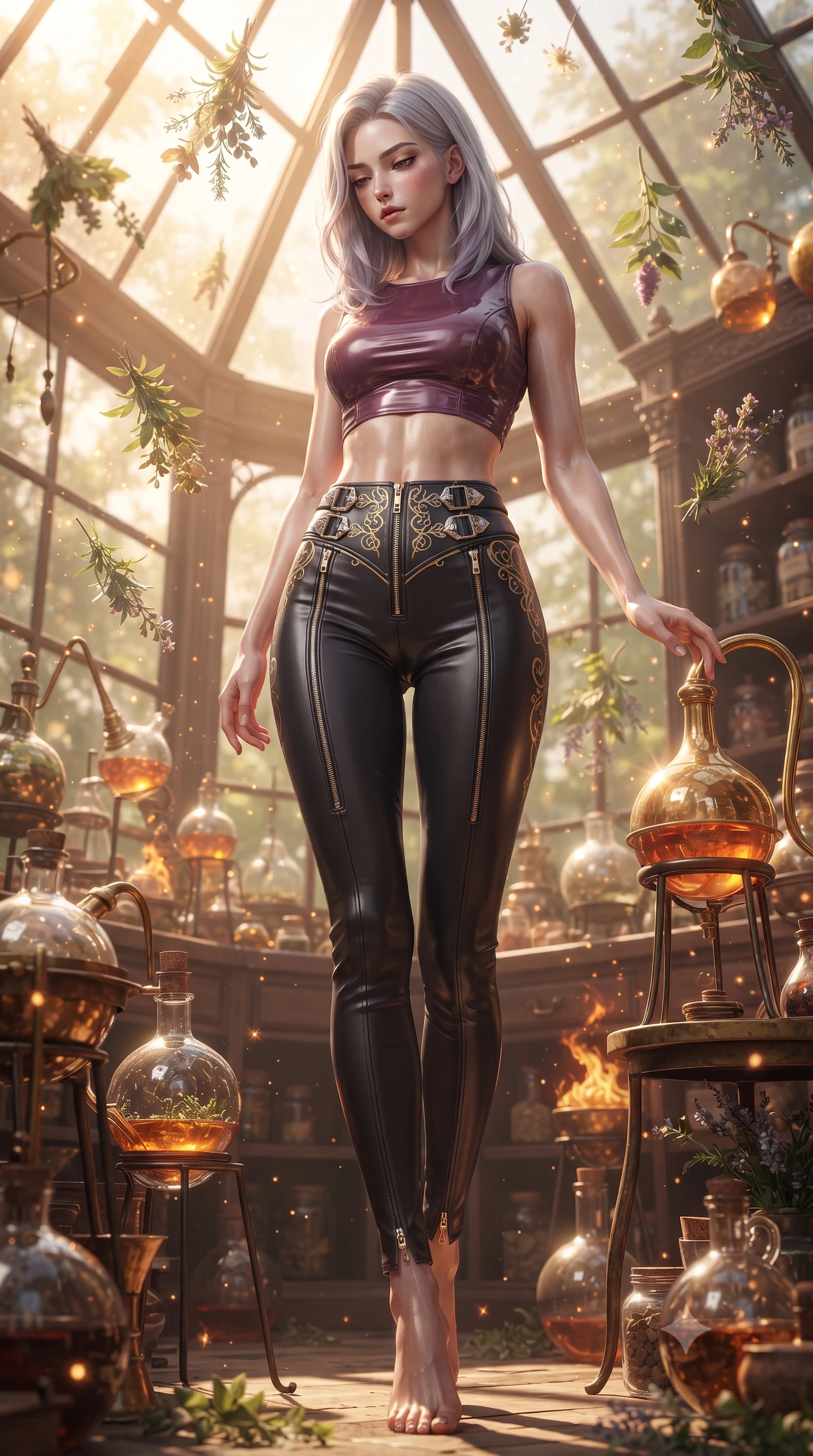 score_9, masterpiece, best quality, ultra-detailed, high-budget anime keyframe, editorial fashion photography, tasteful artistic composition, Caucasian woman. low angle full-body shot from head to toe showing her feet, filling the entire 9:16 vertical frame with her statuesque presence, stretching her vertical silhouette. navigating the luminous space with effortless poise, displaying her perfect model proportions standing in a sunlit apothecary greenhouse filled with floating magical herbs, intricate brass alchemy tools and glass retorts reflecting warm hearth fire. She has an absolutely perfect, statuesque 8.5-heads proportion, an exceptionally tall and slender model-like female figure with impossibly long slender legs and an ultra-slim waist. sharp v-shaped jawline, high-bridge nose, intricate jewel-like eyes with depth, thick eyelashes, glossy lips with a natural sheen. wearing a glossy vinyl crop top and high-waist tailored leggings with sleek zippers in plum purple and gold filigree, made of fine carbon-fiber weave and soft matte leather, detailed with polished silver buckles along the waistline, the elegant draped fit framing her graceful clavicle and slender torso. illuminated by amber potion flames and sparkling spore highlights. ultra-reflective glossy finish, specular highlights, metallic sheen, high-contrast stereoscopic depth, volumetric dynamic lighting, 2k, ultra detail, master piece, 9:16 ratio