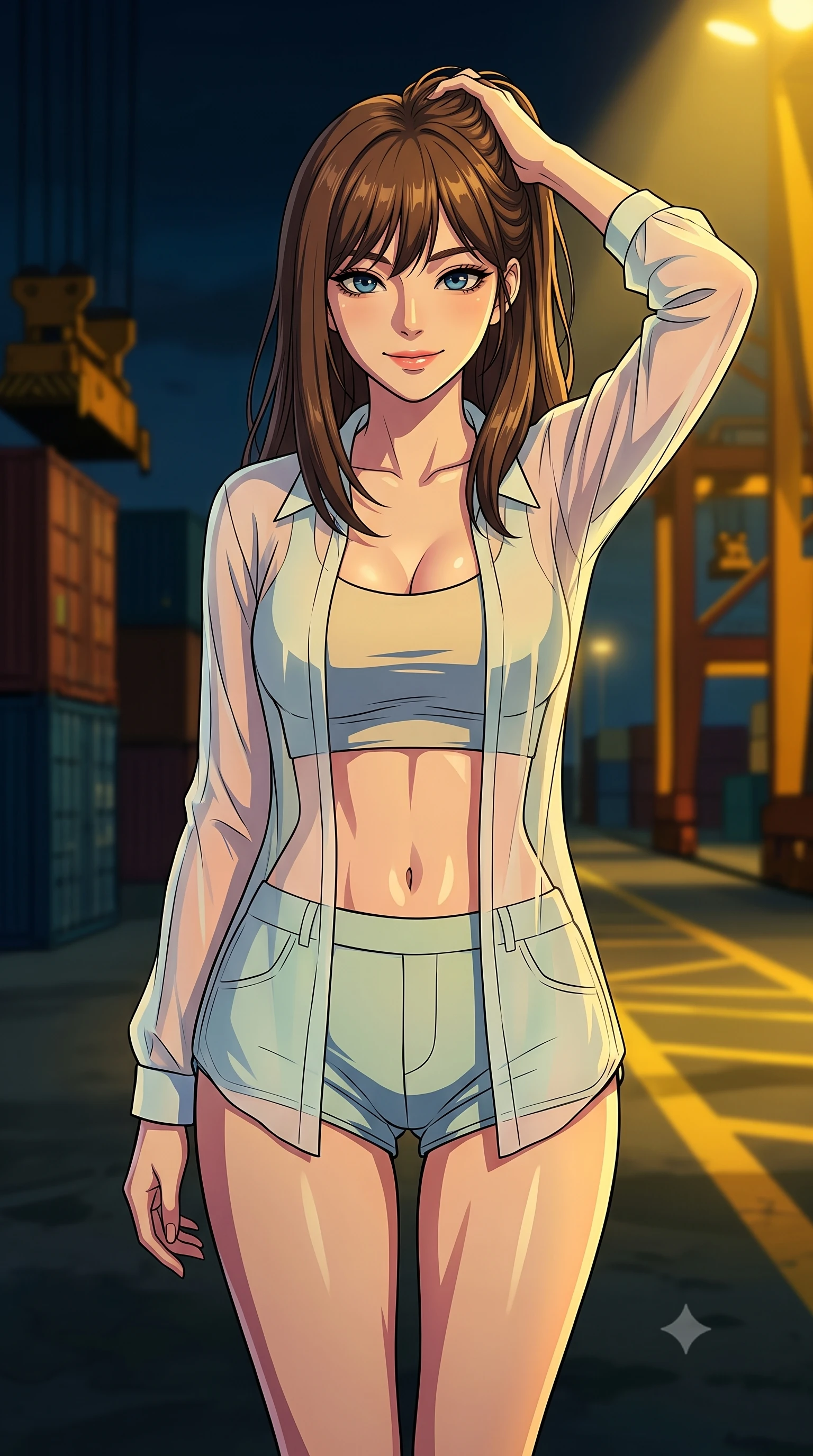 score_9, masterpiece, best quality, ultra-detailed, high-budget anime keyframe, tasteful artistic composition, Korean woman. close-up cowboy shot from the waist and thighs up, the character dominates the composition, filling the frame with her large presence, background elements kept in soft focus. smiling with quiet, magnetic self-assurance directly into the camera, running a hand through her hair the background shows a soft-focus a dark industrial docks area with shipping containers and automated cargo cranes. She has an exceptionally elegant, slender, and willowy female figure with an ultra-slim waist, a gracefully sculpted slender torso, and a refined silhouette. sharp v-shaped jawline, high-bridge nose, intricate jewel-like eyes with depth, thick eyelashes, glossy lips with a natural sheen. wearing a body-hugging lightweight chiffon cover-up shirt worn open over a crop top and high-cut shorts. harsh sodium yellow spotlights casting long dramatic industrial shadows. highly saturated vibrant anime colors, cel-shading, 2d style, master piece, 9:16 ratio