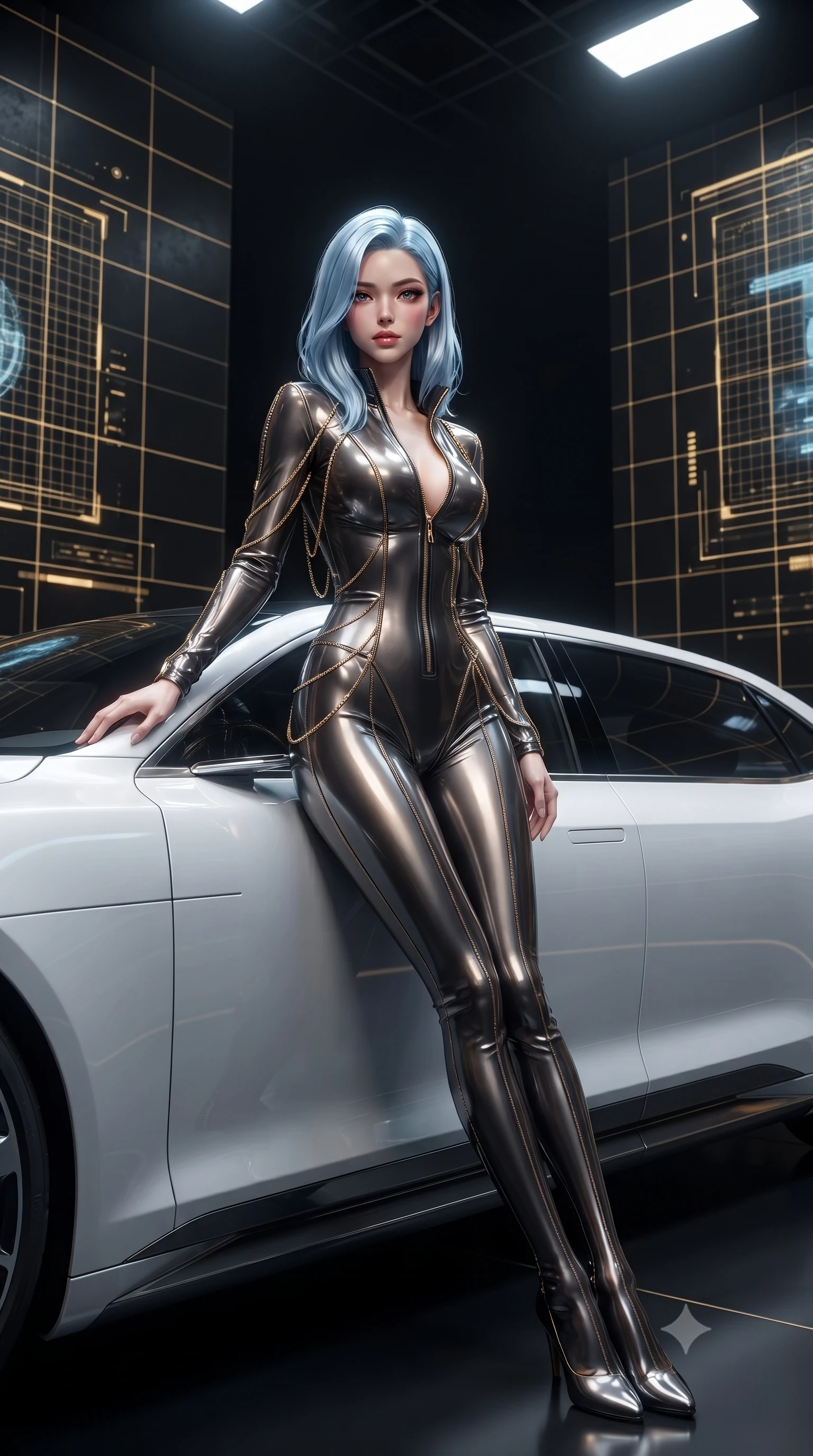 score_9, masterpiece, best quality, ultra-detailed, High-budget Anime Keyframe, editorial fashion photography, tasteful artistic composition, realistic cosplay photography, East Asian woman. Dynamic full-body shot stretching the vertical silhouette to the limit. Scenario 292: leaning against a sleek white hover-limousine by a digital arena where gold gridlines project onto the black walls. Her presence is magnetic and overpowering in this high-budget cinematic scene. Outfit 292: a body-hugging molten liquid silk mesh with a unzipped detail and fine gold chains. The clothing is designed to emphasize her exceptionally tall and slender 8-heads proportion. 8-heads proportion, towering silhouette, ultra-slim waist. sharp v-shaped jawline, intricate jewel-like eyes with depth, thick eyelashes, glossy lips. ultra-reflective glossy finish, specular highlights, metallic sheen, high-contrast stereoscopic depth, volumetric dynamic lighting, 2k, ultra detail, master piece, 9:16 ratio