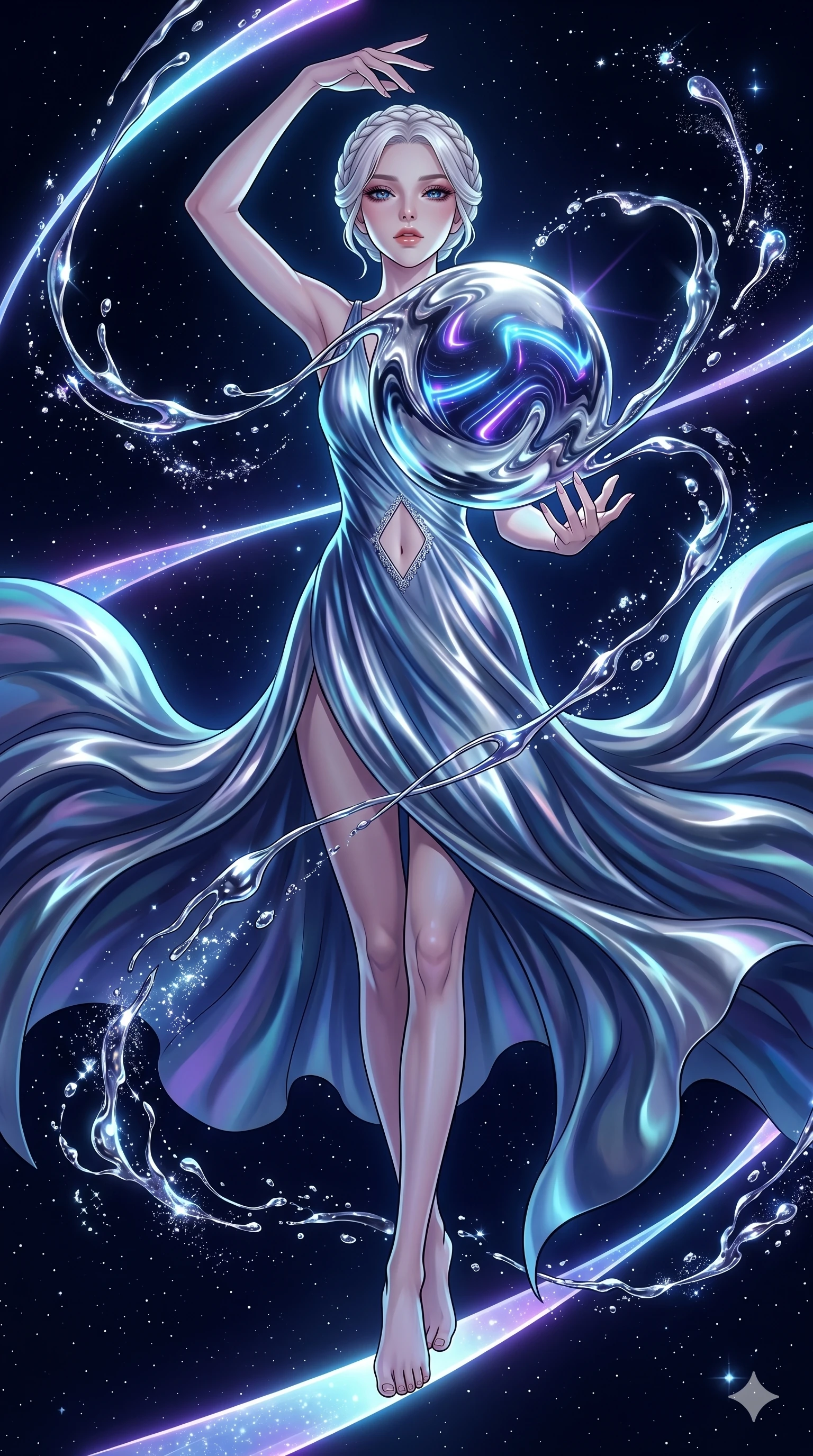 score_9, masterpiece, best quality, ultra-detailed, High-budget Anime Keyframe, vibrant colors, fluid line-art, expressive lighting, cinematic composition, Ufotable-style visual effects, top-tier animation quality, Korean woman with idol-like refined features. Dynamic full-body shot stretching the vertical silhouette, capturing her from a powerful low-angle perspective. Manipulating a sphere of liquid mercury that reflects the neon pulse of the surroundings. She has an absolutely perfect 8-heads proportion, an exceptionally tall and slender female figure with impossibly long slender legs and an ultra-slim waist, her statuesque height and towering silhouette dominating the vertical 9:16 frame. Her face is a masterpiece featuring a sharp v-shaped jawline, high-bridge nose, intricate jewel-like eyes with depth, thick eyelashes, and glossy lips with a natural sheen. She is wearing a Flowing silk gown that ripples like liquid, featuring a small diamond-shaped cutout at the navel. The scene is set in a starlit void where ribbons of light serve as the only paths. 2k, ultra detail, master piece, 9:16 ratio
