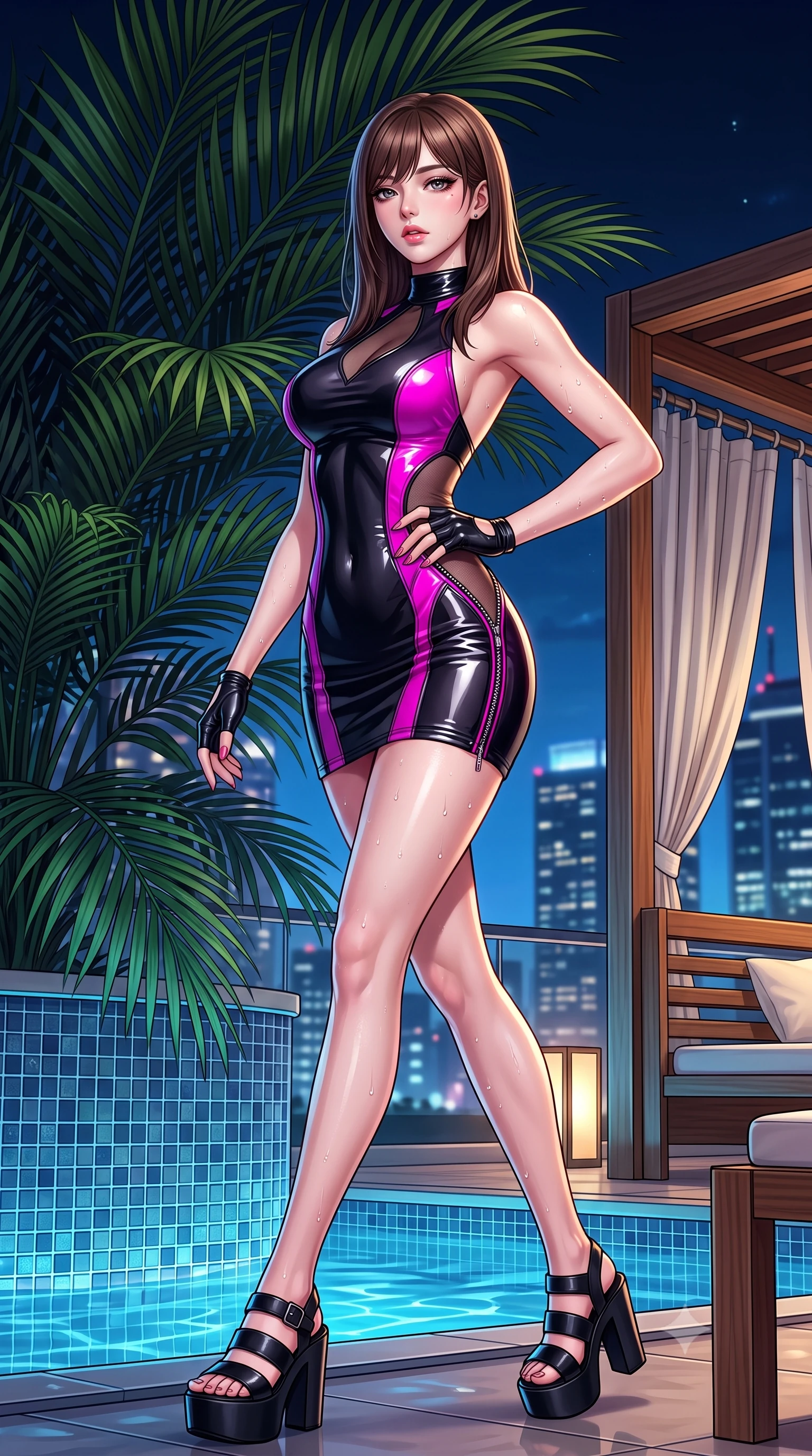 score_9, masterpiece, best quality, ultra-detailed, high-budget anime keyframe, semi-realistic 3D game render, editorial fashion photography, tasteful artistic composition, Korean woman. low angle full-body shot from head to toe showing her feet, filling the entire 9:16 vertical frame with her statuesque presence, stretching her vertical silhouette. striding forward in a proud supermodel runway stride, hips swaying in an alluring kinetic rhythm that accentuates her curvy hourglass silhouette while posing beside towering poolside palm fronds, hips dramatically thrust to one side with hands running along her waist in pure allure. The surrounding environment is rendered in vivid detail and crisp panoramic clarity. sharp glass mosaic pool tiles, distinct water droplet beads on skin, and cabana teak wood in deep focus. She has an absolutely perfect, statuesque 8.5-heads proportion, an exceptionally tall and slender model-like female figure with impossibly long slender legs, a toned flat midriff, an ultra-slim waist, and beautifully sculpted feminine hips. sharp v-shaped jawline, high-bridge nose, intricate jewel-like eyes with depth, thick eyelashes, glossy parted lips with a natural sheen, intensely captivating and seductive bedroom-eyes expression, flawlessly proportioned anatomical accuracy, strict slender model proportions, natural body alignment, perfectly sculpted long slender limbs, ultra-slim waistline, clean dynamic posture without body distortion. wearing a high-gloss vinyl mini dress with an open back and zipper detailing tracing the hip curve in matte pitch-black and vivid neon magenta, made of stretchy athletic knit with sheer mesh cutout inserts, accessorized with bold platform sandals and fingerless leather gloves, the second-skin form-contouring cut accentuating her sculpted flat midriff, narrow waistline, and dramatically curvy hips without adding bulk. surrounded by an electrifying, hypnotic, and irresistibly provocative nightlife goddess aura. highly saturated vibrant anime colors, detailed shading with soft gradients, rich glossy textures, high-contrast stereoscopic depth, volumetric dynamic lighting, master piece, 9:16 ratio