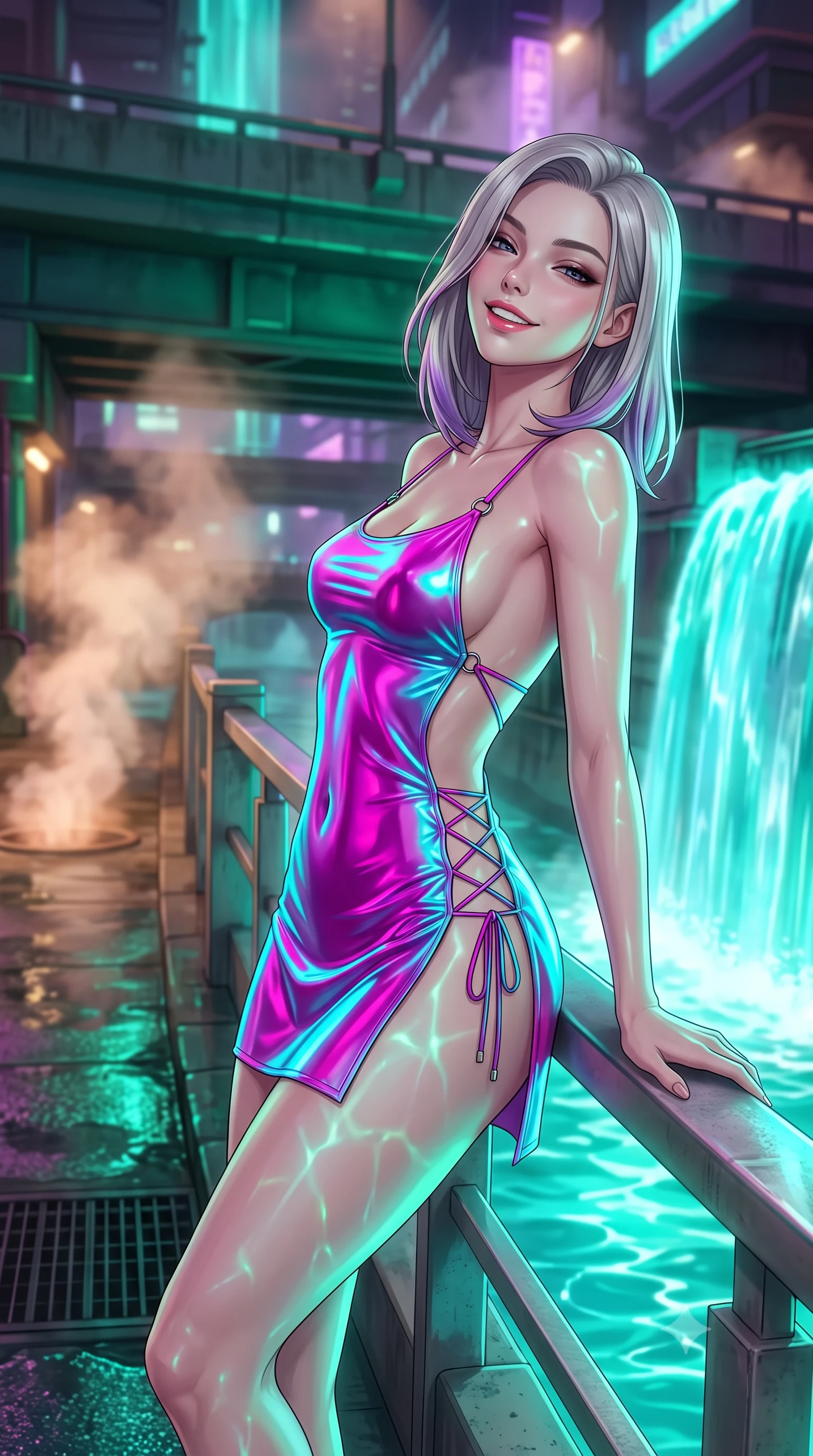 score_9, masterpiece, best quality, ultra-detailed, high-budget anime keyframe, semi-realistic 3D game render, editorial fashion photography, tasteful artistic composition, Caucasian woman. close-up cowboy shot from the waist and thighs up, the character dominates the composition, filling the frame with her large presence. leaning back against the balustrade with relaxed seductive grace, head tilted back slightly while casting a hypnotic, heavy-lidded gaze while twisting her slender torso in an alluring S-curve beside the cascading neon waterfall, vibrant aqua caustics playing across her flat midriff and hips. The background shows a soft-focus swirling warm steam from canal vents softened in subterranean urban waterway shallow focus. She has an exceptionally elegant, slender, and willowy female figure with an ultra-slim waist, flat toned midriff, narrow ribcage, and sculpted feminine hips creating an alluring, slim hourglass silhouette without bulk. sharp v-shaped jawline, high-bridge nose, intricate jewel-like sparkling eyes with depth, thick eyelashes, glossy parted lips with a natural peach sheen, bright cheerful beaming smile with an enchanting and coquettish sensual glint, exuding both youthful cute charm and seductive allure, flawlessly proportioned anatomical accuracy, strict slender model proportions, natural body alignment, perfectly sculpted long slender limbs, ultra-slim waistline, clean dynamic posture without body distortion. wearing a backless liquid foil mini dress with criss-cross spinal straps and daring side slit in Neo-Tokyo neon magenta and electric cyan, adorned with delicate chrome ring hardware and cutouts along her slender waist, featuring fine criss-cross lace-up side ties revealing tantalizing glimpses of her hip curve, the second-skin tailored fabric adhering flawlessly to her sculpted flat midriff and slender torso, emphasizing her long leg lines and perfectly proportioned willowy build. bathed in vivid emerald-cyan underwater LEDs combined with ambient violet floodlights from the highway bridges. highly saturated vibrant anime colors, detailed shading with soft gradients, rich glossy textures, high-contrast stereoscopic depth, volumetric dynamic lighting, master piece, 9:16 ratio
