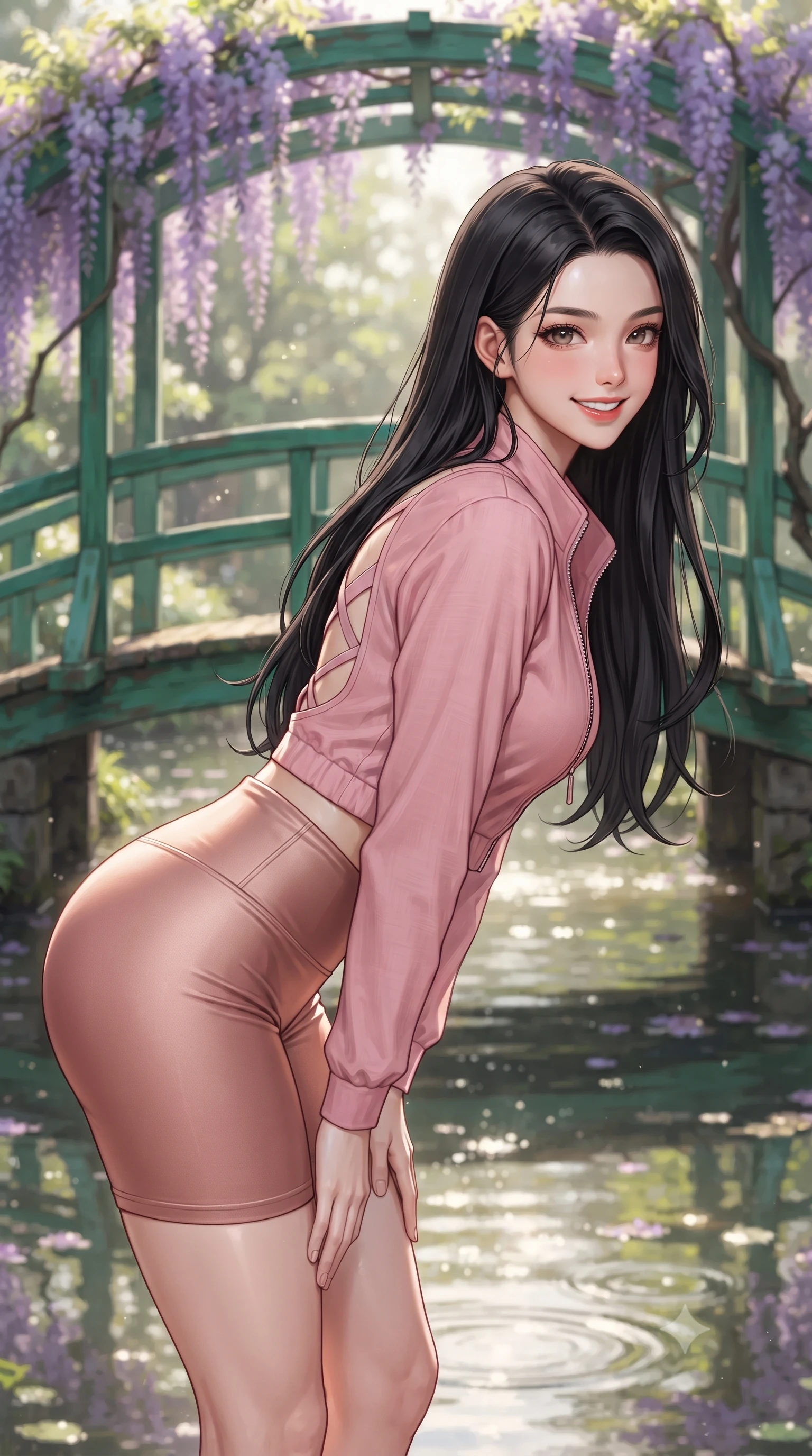 score_9, masterpiece, best quality, ultra-detailed, high-budget anime keyframe, editorial fashion photography, tasteful artistic composition, Korean woman. close-up cowboy shot from the waist and thighs up, the character dominates the composition, filling the frame with her large presence. leaning forward with playful cute grace while arching her lower back to accentuate her curvy hips, looking into the camera with a bright cheerful smile and alluring coquettish bedroom-eyes while pausing gracefully at the center of the iconic green arched wooden bridge draped in wisteria, arching her back with an enchanting, bright cute smile. The composition keeps background elements in soft focus with dreamy creamy bokeh. sun-dappled pond reflections and gentle water ripples softened in impressionist romantic shallow focus. She has an exceptionally elegant, slender, and willowy female figure with an ultra-slim waist, flat toned midriff, narrow ribcage, and sculpted feminine hips creating an alluring, slim hourglass silhouette without bulk. sharp v-shaped jawline, high-bridge nose, intricate jewel-like sparkling eyes with depth, thick eyelashes, glossy parted lips with a natural peach sheen, bright cheerful beaming smile with an enchanting and coquettish sensual glint, exuding both youthful cute charm and seductive allure, flawlessly proportioned anatomical accuracy, strict slender model proportions, natural body alignment, perfectly sculpted long slender limbs, ultra-slim waistline, clean dynamic posture without body distortion. wearing a sporty chic zip-up crop jacket paired with high-waisted biker shorts clinging to her athletic hips in cherry blossom pink and soft rose gold, crafted from soft breathable linen with effortless natural drape, finished with criss-cross back satin straps highlighting her graceful shoulder blades, the precision-cut side openings and low-back scoop framing her graceful spine and the sensual sweep of her slim, toned hips. illuminated by calm pond surface specular reflections sharply defining her razor-sharp jawline, narrow waist, and curvy hips. ultra-reflective glossy finish, specular highlights, rich textural contrasts, high-contrast stereoscopic depth, volumetric dynamic lighting, 2k, ultra detail, master piece, 9:16 ratio
