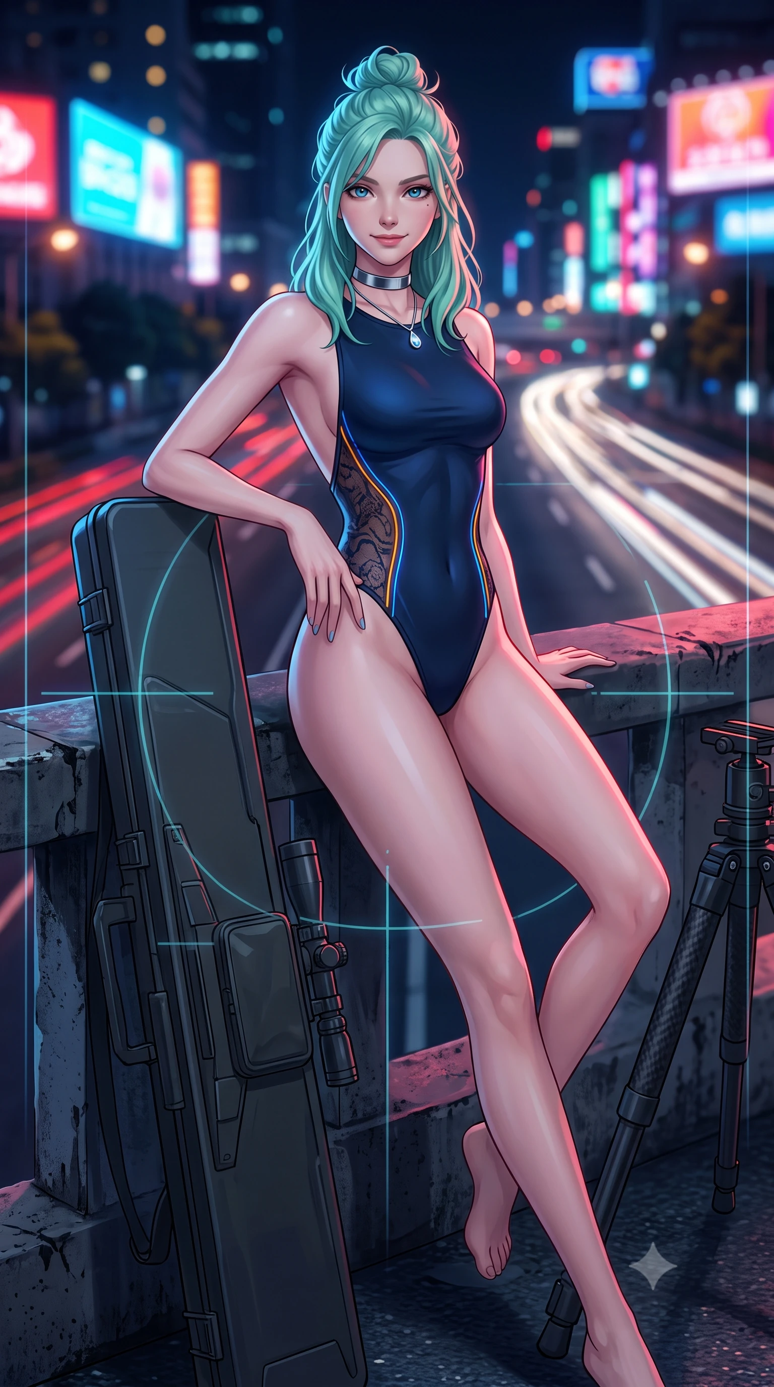 score_9, masterpiece, best quality, ultra-detailed, high-budget anime keyframe, semi-realistic 3D game render, editorial fashion photography, tasteful artistic composition, Japanese woman. close-up cowboy shot from the waist and thighs up, the character dominates the composition, filling the frame with her large presence. tilting her head with a teasing half-smile, running one hand slowly down the side of her hip in a flirtatious S-curve as ambient light caresses her silhouette while lounging gracefully across the tactical sniper case propped on one elbow with legs extended, displaying her long slender limbs and statuesque hourglass silhouette against the highway lights. The surrounding environment is rendered in vivid detail and crisp panoramic clarity: sharp weathered concrete textures, tactical tripod carbon-weave legs, and crisp holographic HUD crosshairs in deep focus. She has an exceptionally elegant, slender, and willowy female figure with an ultra-slim waist, flat toned midriff, narrow ribcage, and sculpted feminine hips creating an alluring, slim hourglass silhouette without bulk. sharp v-shaped jawline, high-bridge nose, intricate jewel-like sparkling eyes with depth, thick eyelashes, glossy parted lips with a natural peach sheen, bright cheerful beaming smile with an enchanting and coquettish sensual glint, exuding both youthful cute charm and seductive allure, flawlessly proportioned anatomical accuracy, strict slender model proportions, natural body alignment, perfectly sculpted long slender limbs, ultra-slim waistline, clean dynamic posture without body distortion. wearing an alluring backless sheer lace combat leotard with high-cut leg openings and delicate fiber-optic embroidery framing her spine in Jovian storm amber and electric cobalt, made of fluid liquid jersey with seamless sculpting hold and smooth contours, finished with a minimalist chrome choker and a single teardrop diamond pendant, the form-contouring silhouette accentuating her sculpted flat midriff, narrow delicate ribcage, and gracefully curvy hips with intoxicating allure. bathed in the continuous dynamic red-and-white illumination of flowing vehicle light trails mixed with neon billboard glow. highly saturated vibrant anime colors, detailed shading with soft gradients, rich glossy textures, high-contrast stereoscopic depth, volumetric dynamic lighting, master piece, 9:16 ratio