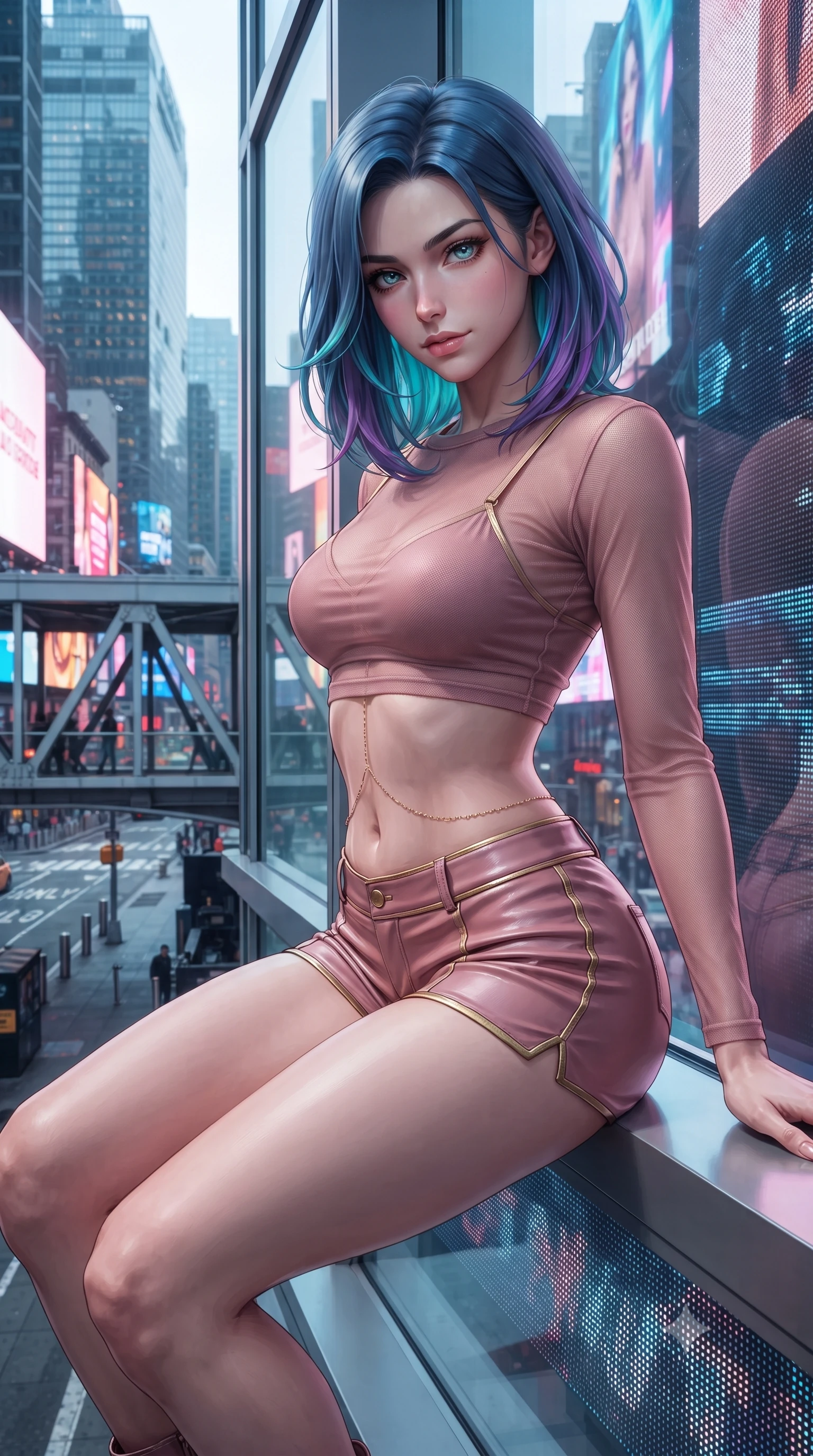 score_9, masterpiece, best quality, ultra-detailed, high-budget anime keyframe, editorial fashion photography, tasteful artistic composition, Caucasian woman. close-up cowboy shot from the waist and thighs up, the character dominates the composition, filling the frame with her large presence. leaning forward while arching her lower back to accentuate her curvy hips, looking into the camera with an intoxicating smoldering gaze and bedroom-eyes while sitting perched on the wide window ledge with legs crossed, looking down at the city with effortless modern idol cool. The surrounding environment is rendered in vivid detail and crisp panoramic clarity: sharp glass window reflection clarity, pedestrian bridge steel truss beams, and digital screen pixel patterns in deep focus. She has an exceptionally elegant, slender, and willowy female figure with an ultra-slim waist, flat toned midriff, narrow ribcage, and sculpted feminine hips creating an alluring, slim hourglass silhouette without bulk. sharp v-shaped jawline, high-bridge nose, sparkling eyes with hypnotic seductive depth, thick curled eyelashes, glossy parted lips with a natural dewy peach sheen, alluring bedroom-eyes with an enchanting coquettish smile, exuding magnetic siren charisma and sophisticated glamour, flawlessly proportioned anatomical accuracy, strict slender model proportions, natural body alignment, perfectly sculpted long slender limbs, ultra-slim waistline, clean dynamic posture without body distortion. wearing a sheer athletic mesh long-sleeve crop top layered over an opaque strappy micro-bralette and tight leatherette shorts in dusky blush rose and antique gold trims, woven from buttery-soft stretch lambskin leather adhering to her body like a second skin, finished with a dainty gold belly chain resting across her flat midriff and curving hips, the liquid-tight tailored fabric clinging flawlessly to her narrow waist and rounded feminine hips, emphasizing every millimeter of her sculpted slim hourglass curves without any bulky heaviness. bathed in shifting multi-colored light radiating from giant outdoor digital billboards. ultra-reflective glossy finish, specular highlights, rich textural contrasts, high-contrast stereoscopic depth, volumetric dynamic lighting, 2k, ultra detail, master piece, 9:16 ratio