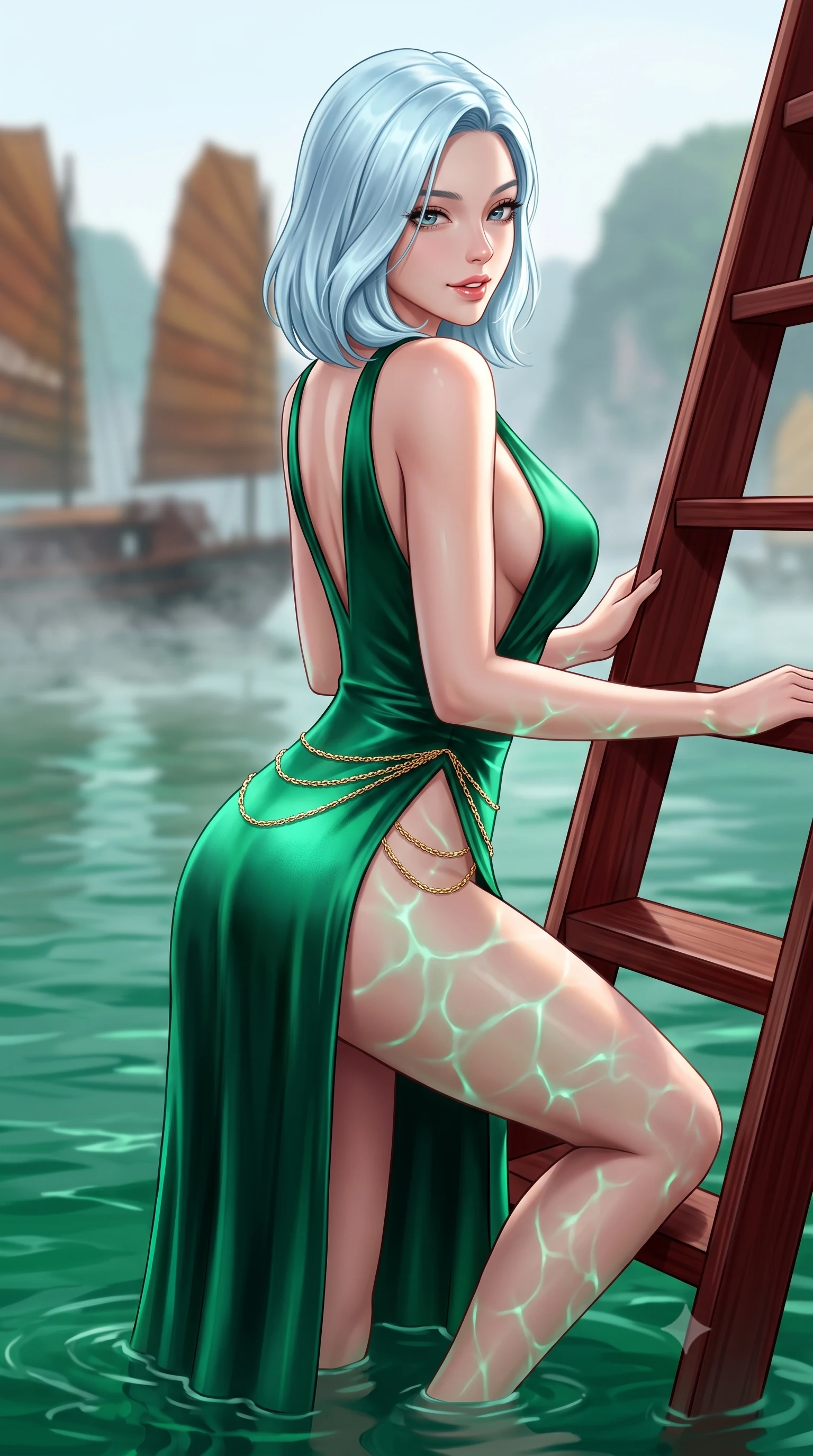 score_9, masterpiece, best quality, ultra-detailed, high-budget anime keyframe, semi-realistic 3D game render, editorial fashion photography, tasteful artistic composition, Korean woman. close-up cowboy shot from the waist and thighs up, the character dominates the composition, filling the frame with her large presence. turning over a bare shoulder with an intoxicating, teasing smile, her soft hair framing her sharp jawline as her hips angle gracefully while wading down the mahogany swim ladder with one knee bent, water caustics tracing her feminine hips and long slender legs in the emerald bay. The composition keeps background elements in soft focus with creamy bokeh. traditional junk boat sails and rising morning sea mist softened in mystical Vietnamese shallow focus. She has an exceptionally elegant, slender, and willowy female figure with an ultra-slim waist, flat toned midriff, narrow ribcage, and sculpted feminine hips creating an alluring, slim hourglass silhouette without bulk. sharp v-shaped jawline, high-bridge nose, intricate jewel-like eyes with depth, thick eyelashes, glossy parted lips with a natural sheen, intensely captivating and seductive bedroom-eyes expression, flawlessly proportioned anatomical accuracy, strict slender model proportions, natural body alignment, perfectly sculpted long slender limbs, ultra-slim waistline, clean dynamic posture without body distortion. wearing a plunging-V neckline duchess satin gown with high side slits ascending to the high hip in deep emerald green satin and gold hardware, crafted from luxurious metallic lamé that shifts radiance with every step, accented with a delicate gold chain belt resting loosely on her curvy hips, the liquid-tight tailored fabric clinging flawlessly to her narrow waist and rounded feminine hips, emphasizing every millimeter of her sculpted slim hourglass curves without any bulky heaviness. illuminated by radiant jade water reflections accentuating her sculpted midriff, narrow waist, and curvy hips. highly saturated vibrant anime colors, detailed shading with soft gradients, rich glossy textures, high-contrast stereoscopic depth, volumetric dynamic lighting, master piece, 9:16 ratio