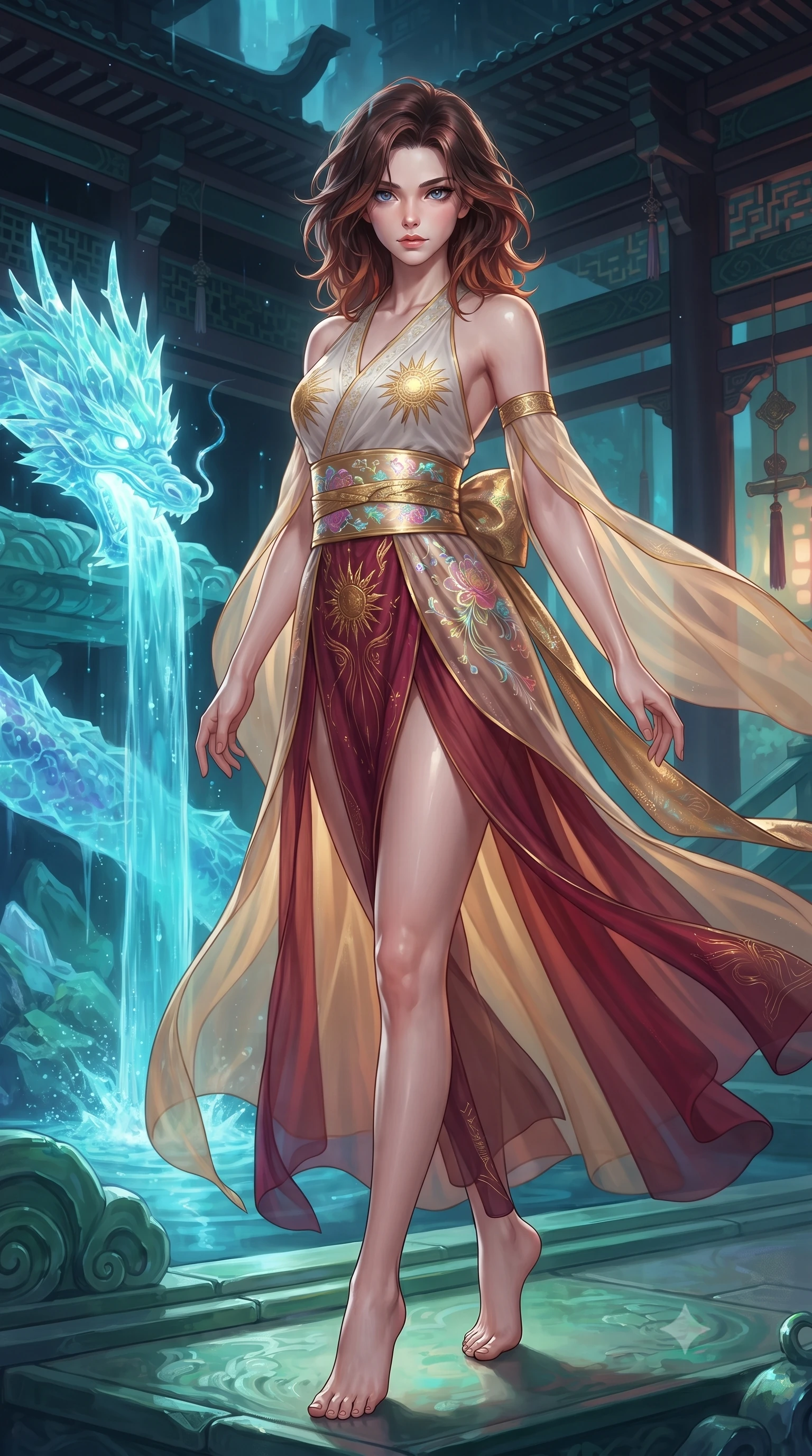 score_9, masterpiece, best quality, ultra-detailed, high-budget anime keyframe, editorial fashion photography, tasteful artistic composition, Korean woman. low angle full-body shot from head to toe showing her feet, filling the entire 9:16 vertical frame with her statuesque presence, stretching her vertical silhouette. landing lightly on the balls of her feet in a balanced kinetic stance, eyes locked onto the camera with fearless allure while standing poised on a sculpted jade terrace beside a glowing crystalline dragon spring where bioluminescent water cascades. The surrounding environment is rendered in vivid detail and crisp panoramic clarity. detailed mineral spring caustics, architectural bracket systems, and silk embroidery in high clarity. She has an absolutely perfect, statuesque 8.5-heads proportion, an exceptionally tall and slender model-like female figure with impossibly long slender legs, a toned flat midriff, and an ultra-slim waist. sharp v-shaped jawline, high-bridge nose, intricate jewel-like eyes with depth, thick eyelashes, glossy lips with a natural sheen, captivating and magnetic expression, flawlessly proportioned anatomical accuracy, strict slender model proportions, natural body alignment, perfectly sculpted long slender limbs, ultra-slim waistline, clean dynamic posture without body distortion. wearing a celestial priestess halter gown with golden sunburst embroidery and sheer leg veils in imperial gold and deep crimson silk, tailored from crisp ceremonial cotton and multi-layered translucent chiffon, complemented by a wide metallic gold obi sash with holographic floral embroidery, the form-contouring material adhering flawlessly to her sculpted flat midriff and slender torso, emphasizing her long leg lines and perfectly proportioned willowy build. illuminated by wet reflective highlights defining her sculpted neck, waistline, and slender legs. ultra-reflective glossy finish, specular highlights, rich textural contrasts, high-contrast stereoscopic depth, volumetric dynamic lighting, 2k, ultra detail, master piece, 9:16 ratio