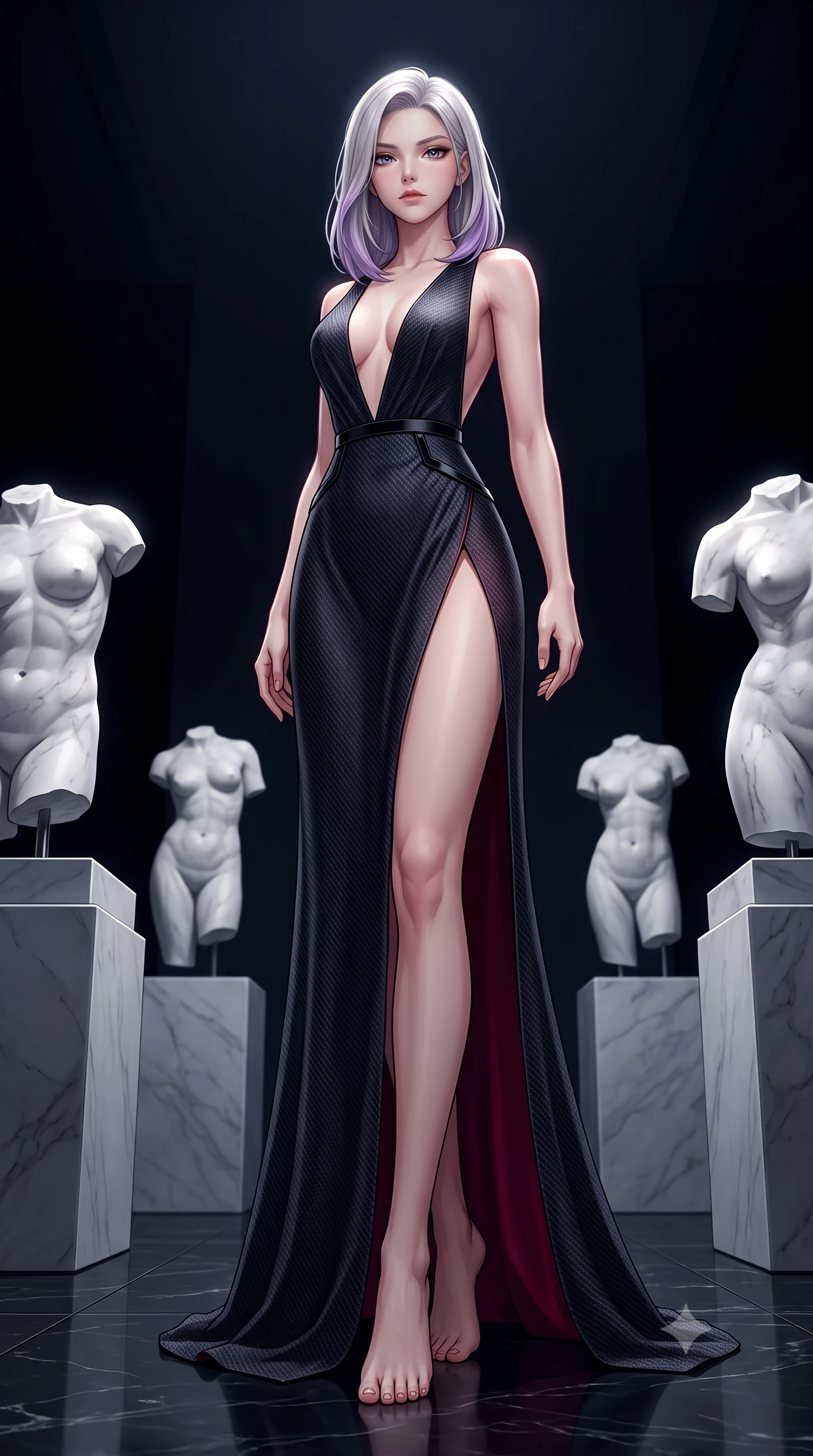 score_9, masterpiece, best quality, ultra-detailed, high-budget anime keyframe, editorial fashion photography, tasteful artistic composition, Caucasian woman. low angle full-body shot from head to toe showing her feet, filling the entire 9:16 vertical frame with her statuesque presence, stretching her vertical silhouette. forging confidently through the floating mist, holding a poised statuesque stance, standing in a secluded private art gallery filled with white marble torso sculptures, high-art editorial framing with timeless luxury appeal. She has an absolutely perfect, statuesque 8.5-heads proportion, an exceptionally tall and slender model-like female figure with impossibly long slender legs and an ultra-slim waist. sharp v-shaped jawline, high-bridge nose, intricate jewel-like eyes with depth, thick eyelashes, glossy lips with a natural sheen. wearing deep plunging V-neckline midnight gown with daring high thigh slit in deep crimson burgundy, made of matte carbon-fiber weave, adorned with minimalist black onyx hardware framing the silhouette, highlighting her statuesque proportions and ultra-slim waistline. surrounded by deep obsidian shadows swallowing background elements. highly saturated vibrant anime colors, detailed shading with soft gradients, rich glossy textures, high-contrast stereoscopic depth, volumetric dynamic lighting, master piece, 9:16 ratio