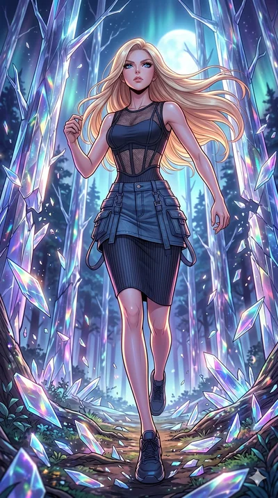 score_9, masterpiece, best quality, ultra-detailed, high-budget anime movie keyframe, cinematic anime lighting, intricate line art, Japanese woman. Low angle cowboy shot capturing a powerful motion and statuesque presence. sprinting through a forest 