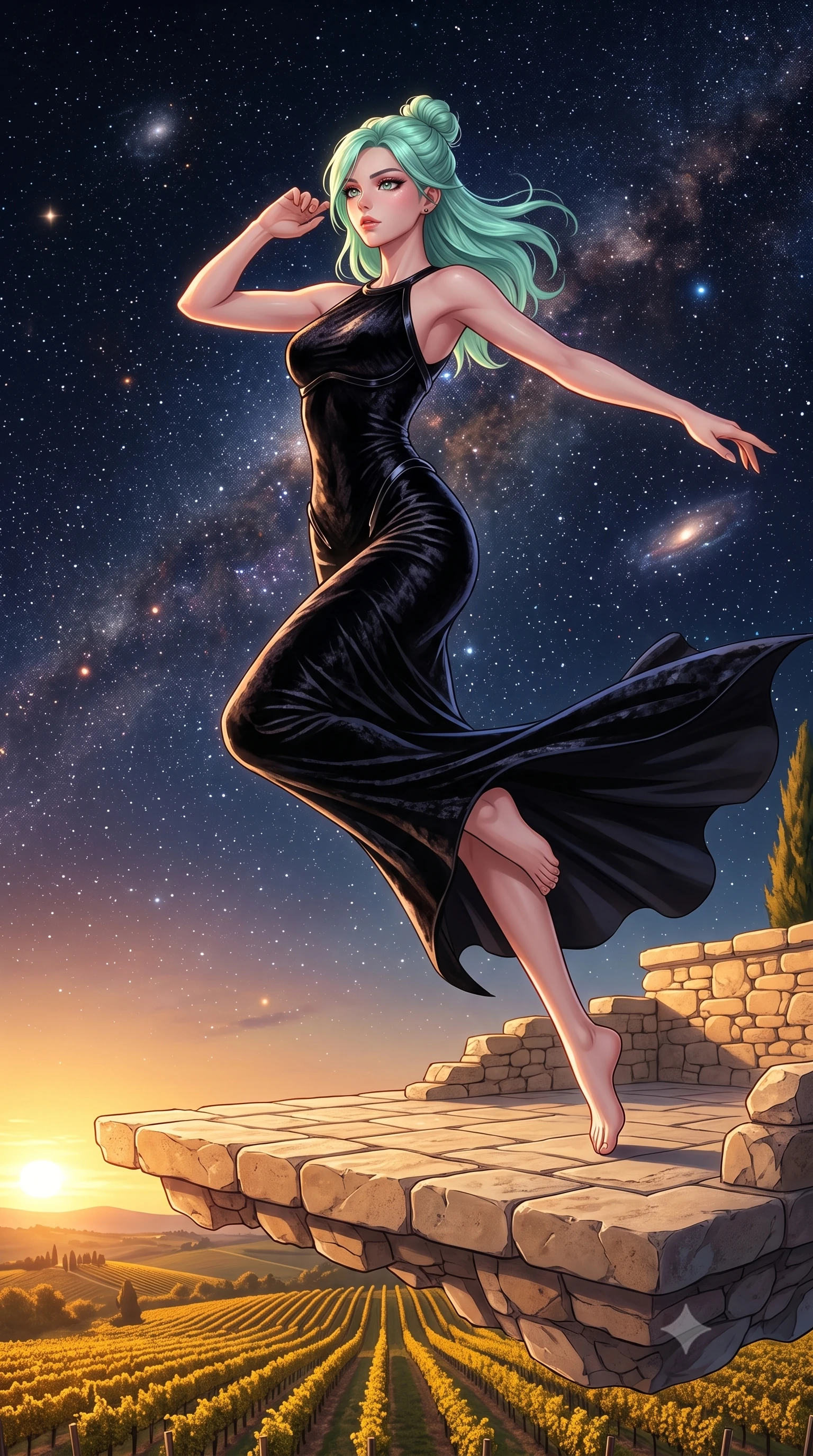 score_9, masterpiece, best quality, ultra-detailed, high-budget anime keyframe, editorial fashion photography, tasteful artistic composition, Japanese woman. low angle full-body shot from head to toe showing her feet, filling the entire 9:16 vertical frame with her statuesque presence, stretching her vertical silhouette. leaping dynamically through the starry space, her posture full of power and elegance, standing on a limestone terrace of a Tuscan villa overlooking golden vineyards at sunset, effortless European resort luxury aesthetic. She has an absolutely perfect, statuesque 8.5-heads proportion, an exceptionally tall and slender model-like female figure with impossibly long slender legs and an ultra-slim waist. sharp v-shaped jawline, high-bridge nose, intricate jewel-like eyes with depth, thick eyelashes, glossy lips with a natural sheen. wearing sculpted form-fitting dark velvet column gown in pitch black in pitch-black onyx, made of crushed dark silk velvet, adorned with minimalist black onyx hardware framing the silhouette, following her slender form with tailored precision. illuminated by rich amber daylight and warm fill light from stone walls. highly saturated vibrant anime colors, detailed shading with soft gradients, rich glossy textures, high-contrast stereoscopic depth, volumetric dynamic lighting, master piece, 9:16 ratio