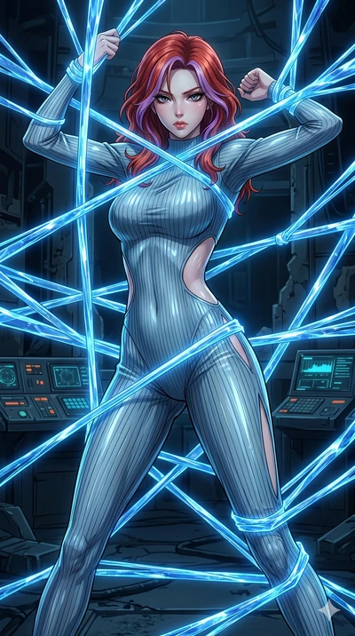 score_9, masterpiece, best quality, ultra-detailed, High-budget Anime Keyframe, East Asian woman. Dynamic full-body shot stretching the vertical silhouette to the limit. Scenario 242: Trapped in a cage of glowing crystalline fibers, body pressing aga