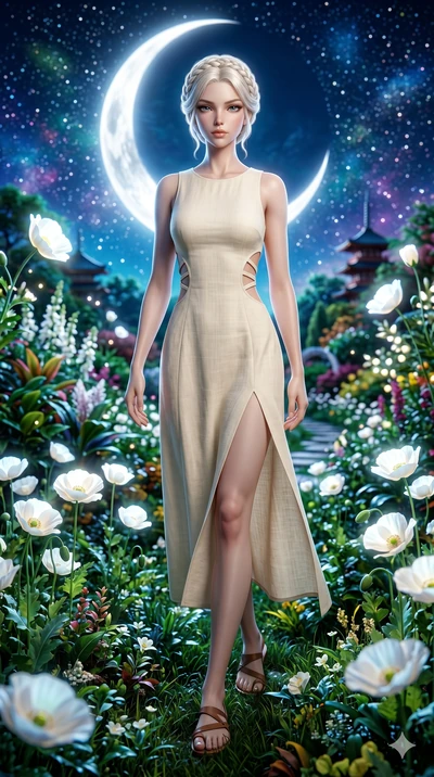 score_9, masterpiece, best quality, ultra-detailed, Set A: Photorealistic 8k CG, Japanese woman. Low angle cowboy shot filling the entire 9:16 frame with her statuesque presence. Walking through a field of white poppies under a silver moon. She has a