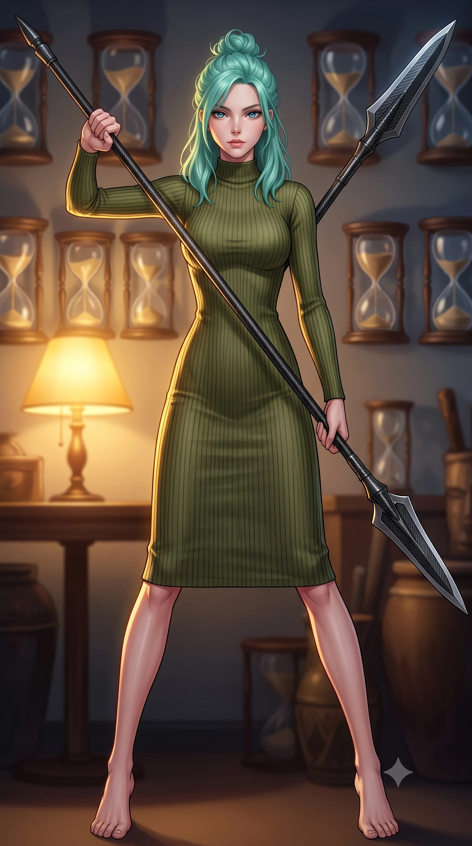 score_9, masterpiece, best quality, ultra-detailed, high-budget anime keyframe, editorial fashion photography, tasteful artistic composition, Japanese woman. low angle full-body shot from head to toe showing her feet, filling the entire 9:16 vertical frame with her statuesque presence, stretching her vertical silhouette. standing in a dynamic combat stance with a carbon-fiber spear held diagonally, stretching her statuesque body, the background shows a soft-focus a private study where hourglasses drip upward against the laws of gravity. She has an absolutely perfect, statuesque 8.5-heads proportion, an exceptionally tall and slender model-like female figure with impossibly long slender legs and an ultra-slim waist. sharp v-shaped jawline, high-bridge nose, intricate jewel-like eyes with depth, thick eyelashes, glossy lips with a natural sheen. wearing a form-contouring body-hugging ribbed carbon-fiber knit bodycon midi dress in olive green, featuring a snug mock-neck. low-key single table lamp casting warm concentrated golden light over her profile. highly saturated vibrant anime colors, detailed shading with soft gradients, rich glossy textures, high-contrast stereoscopic depth, volumetric dynamic lighting, master piece, 9:16 ratio
