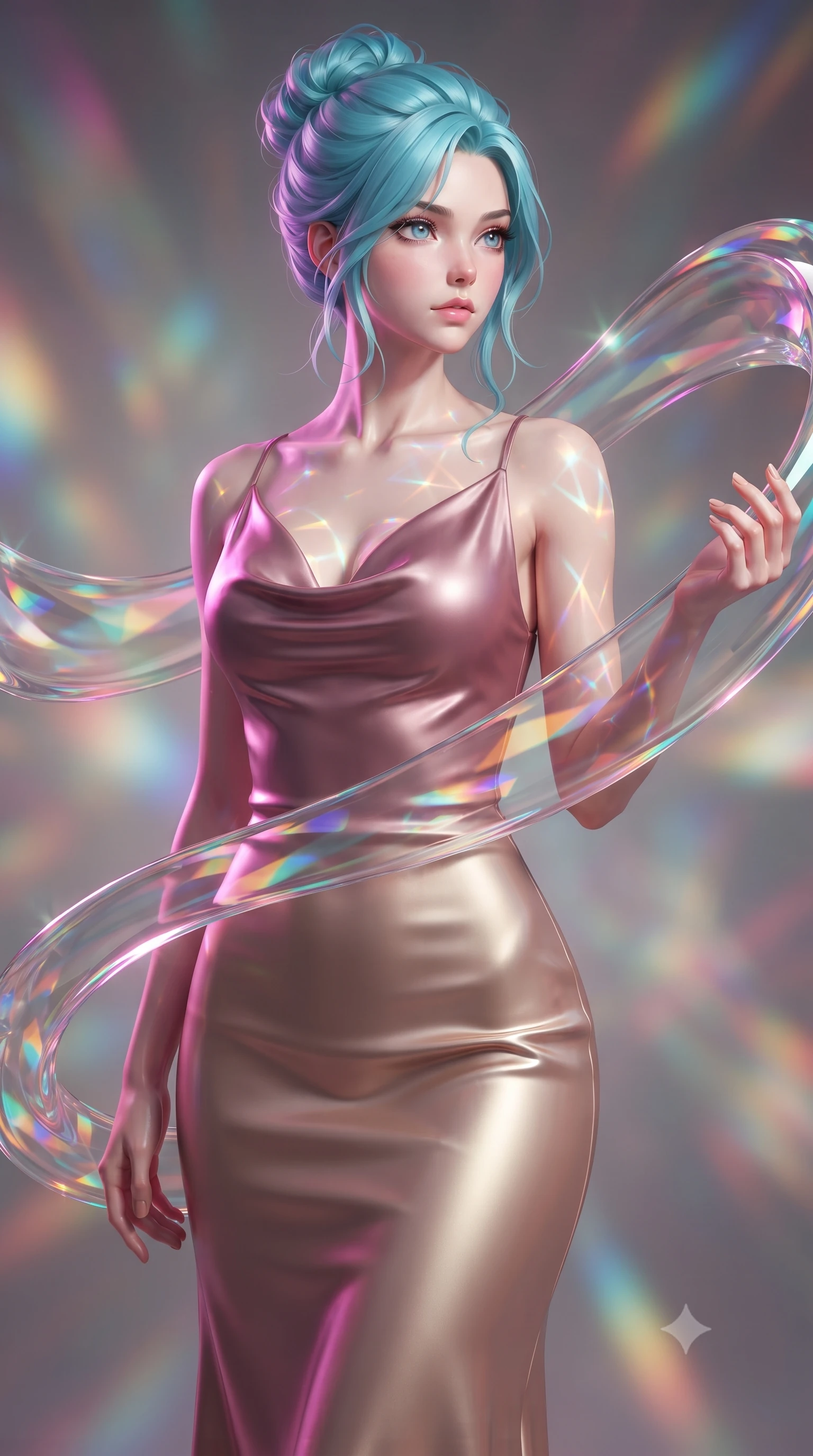 score_9, masterpiece, best quality, ultra-detailed, high-budget anime keyframe, editorial fashion photography, tasteful artistic composition, Japanese woman. close-up cowboy shot from the waist and thighs up, the character dominates the composition, filling the frame with her large presence, background elements kept in soft focus. Gazing past the camera with an air of effortless elegance and mysterious confidence guiding viscous opal paint ribbons hovering gracefully in mid-air, a kaleidoscope of refractions forming geometric light patterns on her skin. She has an exceptionally elegant, slender, and willowy female figure with an ultra-slim waist, a gracefully sculpted slender torso, and a refined silhouette. sharp v-shaped jawline, high-bridge nose, intricate jewel-like eyes with depth, thick eyelashes, glossy lips with a natural sheen. wearing an elegant cowl-neck satin midi dress with a draped neckline in dusty rose and champagne gold, formed from sleek second-skin neoprene, accented with a Tasteful chest slit framing her clavicle gracefully, the elegant draped fit framing her graceful clavicle and slender torso. surrounded by a radiant glow of magenta and aqua fluid highlights. ultra-reflective glossy finish, specular highlights, metallic sheen, high-contrast stereoscopic depth, volumetric dynamic lighting, 2k, ultra detail, master piece, 9:16 ratio