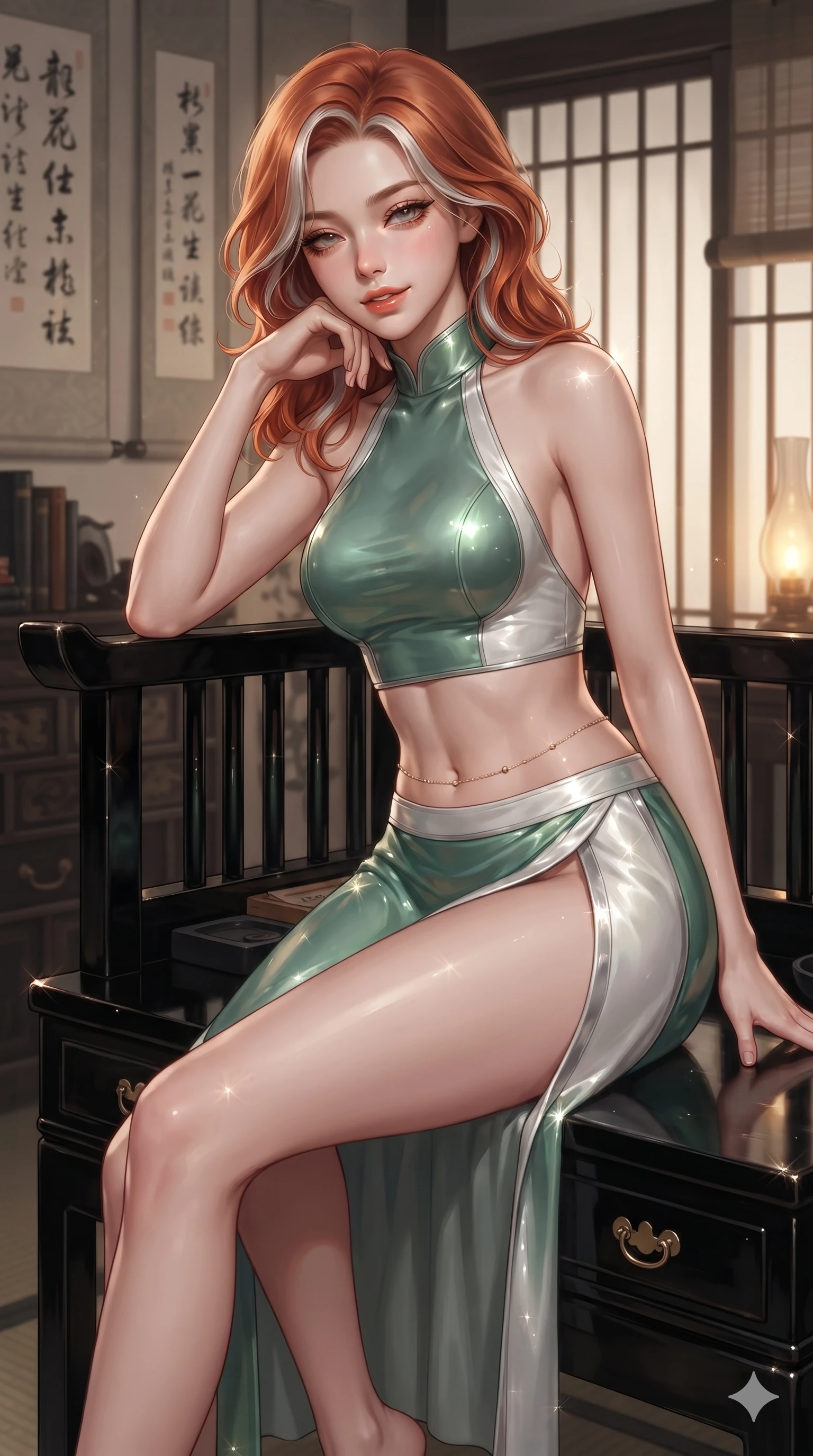 score_9, masterpiece, best quality, ultra-detailed, high-budget anime keyframe, editorial fashion photography, tasteful artistic composition, Caucasian woman. close-up cowboy shot from the waist and thighs up, the character dominates the composition, filling the frame with her large presence. resting one elbow on the lacquered balustrade and supporting her chin, leaning close to the camera with heavy-lidded sparkling eyes and parted lips while perched sideways on the low black lacquer writing desk, one knee drawn up to showcase her slender leg line while her arched back accentuates her curves. The background shows a soft-focus floor-to-ceiling hanging rice-paper calligraphy scrolls, cedar bookchests, and ceramic inkstones blurred into cream, sepia, and charcoal bokeh. She has an exceptionally elegant, slender, and willowy female figure with an ultra-slim waist, flat toned midriff, narrow ribcage, and sculpted feminine hips creating an alluring, slim hourglass silhouette without bulk. sharp v-shaped jawline, high-bridge nose, sparkling eyes with hypnotic seductive depth, thick curled eyelashes, glossy parted lips with a natural dewy peach sheen, alluring bedroom-eyes with an enchanting coquettish smile, exuding magnetic siren charisma and sophisticated glamour, flawlessly proportioned anatomical accuracy, strict slender model proportions, natural body alignment, perfectly sculpted long slender limbs, ultra-slim waistline, clean dynamic posture without body distortion. wearing a sleek high-neck backless silk halter leotard styled with a high-slit chima wrap skirt revealing her long slender legs in moonlit jade green and pure alabaster white with silver accents, crafted from wet-look high-gloss vinyl fabric with dazzling specular surface reflections, finished with a dainty gold belly chain resting across her flat midriff and curving hips, the form-fitting cut adhering flawlessly to her sculpted flat midriff and slender torso, emphasizing her long leg lines and perfectly proportioned willowy build. bathed in soft diffuse light filtering through paper shoji screens and warm oil lamp glow. ultra-reflective glossy finish, specular highlights, rich textural contrasts, high-contrast stereoscopic depth, volumetric dynamic lighting, 2k, ultra detail, master piece, 9:16 ratio