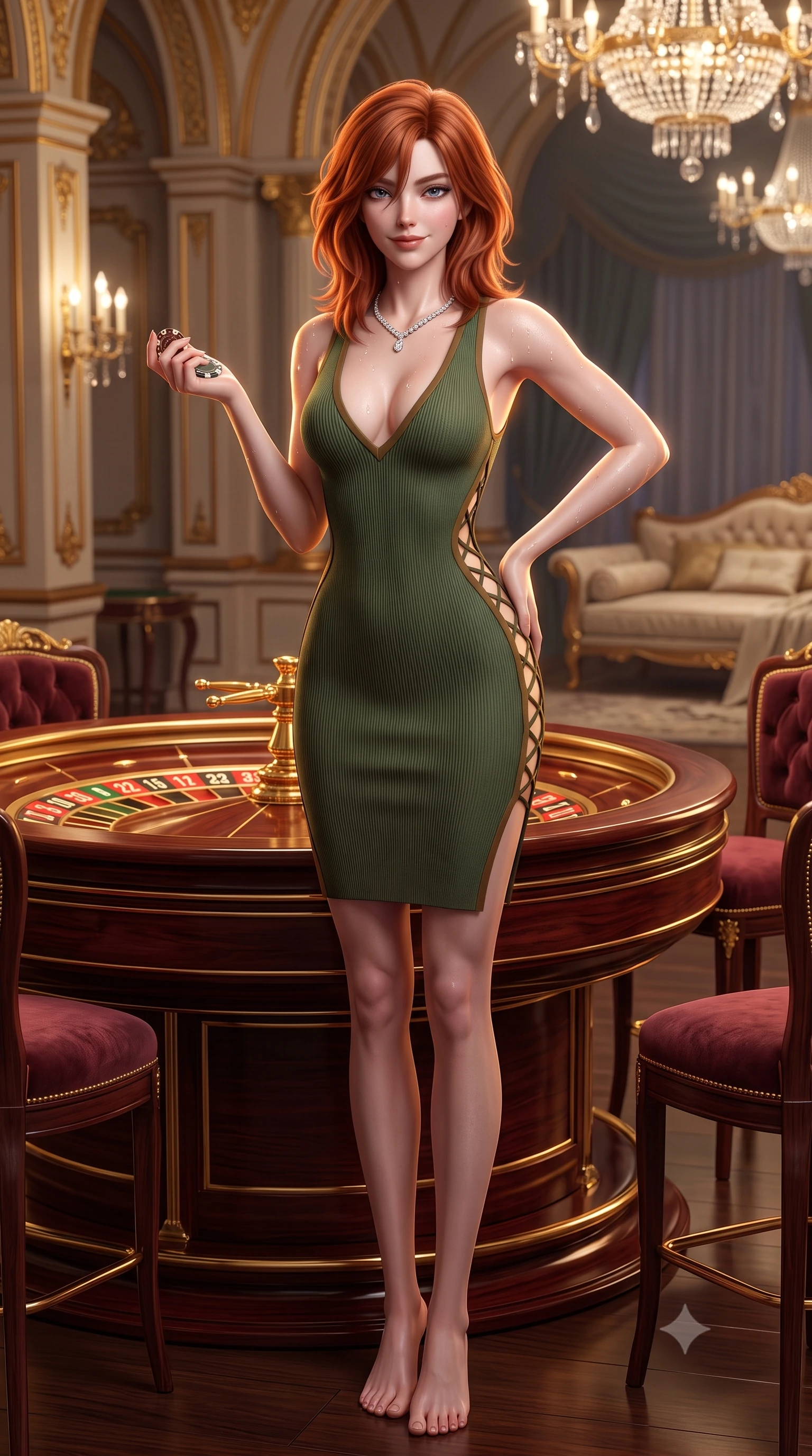 score_9, masterpiece, best quality, ultra-detailed, high-budget anime keyframe, semi-realistic 3D game render, editorial fashion photography, tasteful artistic composition, Korean woman. low angle full-body shot from head to toe showing her feet, filling the entire 9:16 vertical frame with her statuesque presence, stretching her vertical silhouette. lounging on the lavish daybed with legs crossed and hips angled toward the camera, displaying her toned midriff and long slender limbs with effortless siren poise while standing poised beside the high-stakes roulette wheel with hips cocked back, holding casino chips while casting an intoxicating seductive smile. The surrounding environment is rendered in vivid detail and crisp panoramic clarity: detailed strapless boned corset gown weave, diamond riviere necklace sparkle, and Belle Époque palace interiors in razor-sharp precision. She has an absolutely perfect, statuesque 8.5-heads proportion, an exceptionally tall and slender model-like female figure with impossibly long slender legs, an ultra-slim waist, a flat toned midriff, narrow delicate ribcage, and beautifully sculpted feminine hips creating a graceful, slim hourglass silhouette without any bulky heaviness. sharp v-shaped jawline, high-bridge nose, sparkling eyes with hypnotic seductive depth, thick curled eyelashes, glossy parted lips with a natural dewy peach sheen, alluring bedroom-eyes with an enchanting coquettish smile, exuding magnetic siren charisma and sophisticated glamour, flawlessly proportioned anatomical accuracy, strict slender model proportions, natural body alignment, perfectly sculpted long slender limbs, ultra-slim waistline, clean dynamic posture without body distortion. wearing a plunging V-neck fine rib-knit sweater dress with daring side-lace openings tracing her hip curve in Arashiyama moss green and antique bronze, tailored from fine structural neoprene with crisp architectural edges and smooth contouring, finished with glistening drops of hot spring or lagoon water beading across her sculpted shoulders and collarbones, the glove-like clinging cut tightly following the natural contour of her hips and long slender legs with youthful 8.5-heads elegance. illuminated by mahogany table surface bounce and sharp royal-gold rim lights defining her razor-sharp jawline, narrow waist, and curvy hips. highly saturated vibrant anime colors, detailed shading with soft gradients, rich glossy textures, high-contrast stereoscopic depth, volumetric dynamic lighting, master piece, 9:16 ratio