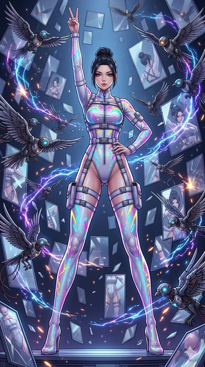 score_9, masterpiece, best quality, ultra-detailed, Set A: High-budget Anime Keyframe, Japanese woman. Low angle cowboy shot filling the entire 9:16 frame with her statuesque presence. Standing victoriously through a dimension of floating mirrors, su