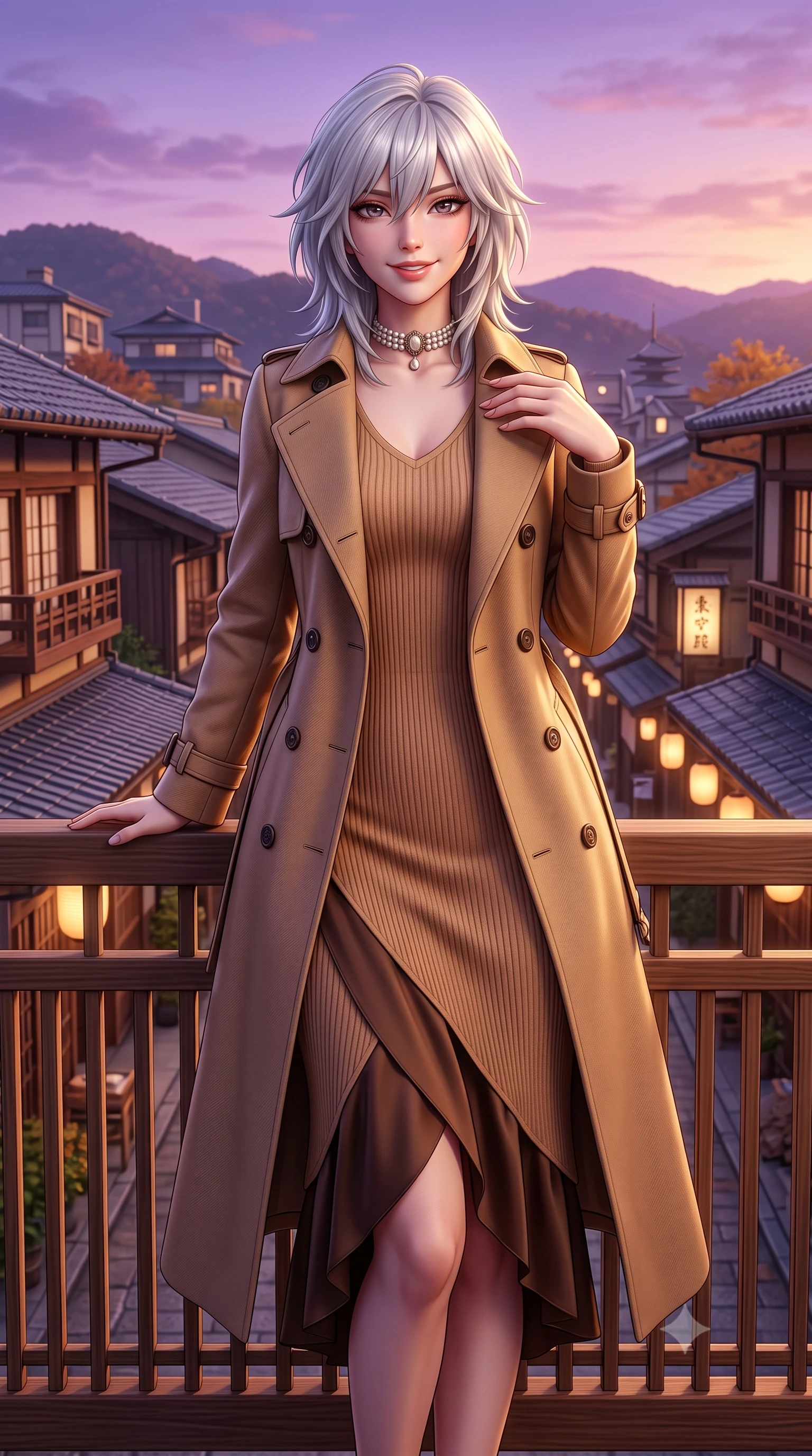 score_9, masterpiece, best quality, ultra-detailed, high-budget anime keyframe, semi-realistic 3D game render, editorial fashion photography, tasteful artistic composition, Japanese woman. close-up cowboy shot from the waist and thighs up, the character dominates the composition, filling the frame with her large presence. tilting her chin up with a teasing half-smile, running one manicured hand lightly along her lapel with effortless magnetic allure while leaning gently against the cedar lattice railing of the historic machiya balcony, one hand holding her scarf against the crisp evening breeze. The surrounding environment is rendered in vivid detail and crisp panoramic clarity: detailed double-breasted wool gabardine trench coat drape, horn buttons, and historic Japanese urban architecture in high resolution. She has an exceptionally elegant, slender, and willowy female figure with an ultra-slim waist, flat toned midriff, narrow ribcage, and sculpted feminine hips creating an alluring, slim hourglass silhouette without bulk. sharp v-shaped jawline, high-bridge nose, intricate jewel-like sparkling eyes with depth, thick eyelashes, glossy parted lips with a natural peach sheen, bright cheerful beaming smile with an enchanting and coquettish sensual glint, exuding both youthful cute charm and seductive allure, flawlessly proportioned anatomical accuracy, strict slender model proportions, natural body alignment, perfectly sculpted long slender limbs, ultra-slim waistline, clean dynamic posture without body distortion. wearing a body-hugging asymmetrical-wrap ribbed knit midi dress with fluid stretch fabric tracing her curvaceous hips in Saint-Germain camel wool and warm espresso, crafted from lustrous liquid satin crepe that drapes in body-clinging ripples catching ambient lights, complemented by an antique baroque pearl choker accentuating her delicate neck and collarbones, the form-contouring silhouette accentuating her sculpted flat midriff, narrow delicate ribcage, and gracefully curvy hips with intoxicating allure. bathed in the soft purple-gold twilight glow of autumn sunset over the Higashiyama mountains mixed with warm paper lantern lights. highly saturated vibrant anime colors, detailed shading with soft gradients, rich glossy textures, high-contrast stereoscopic depth, volumetric dynamic lighting, master piece, 9:16 ratio