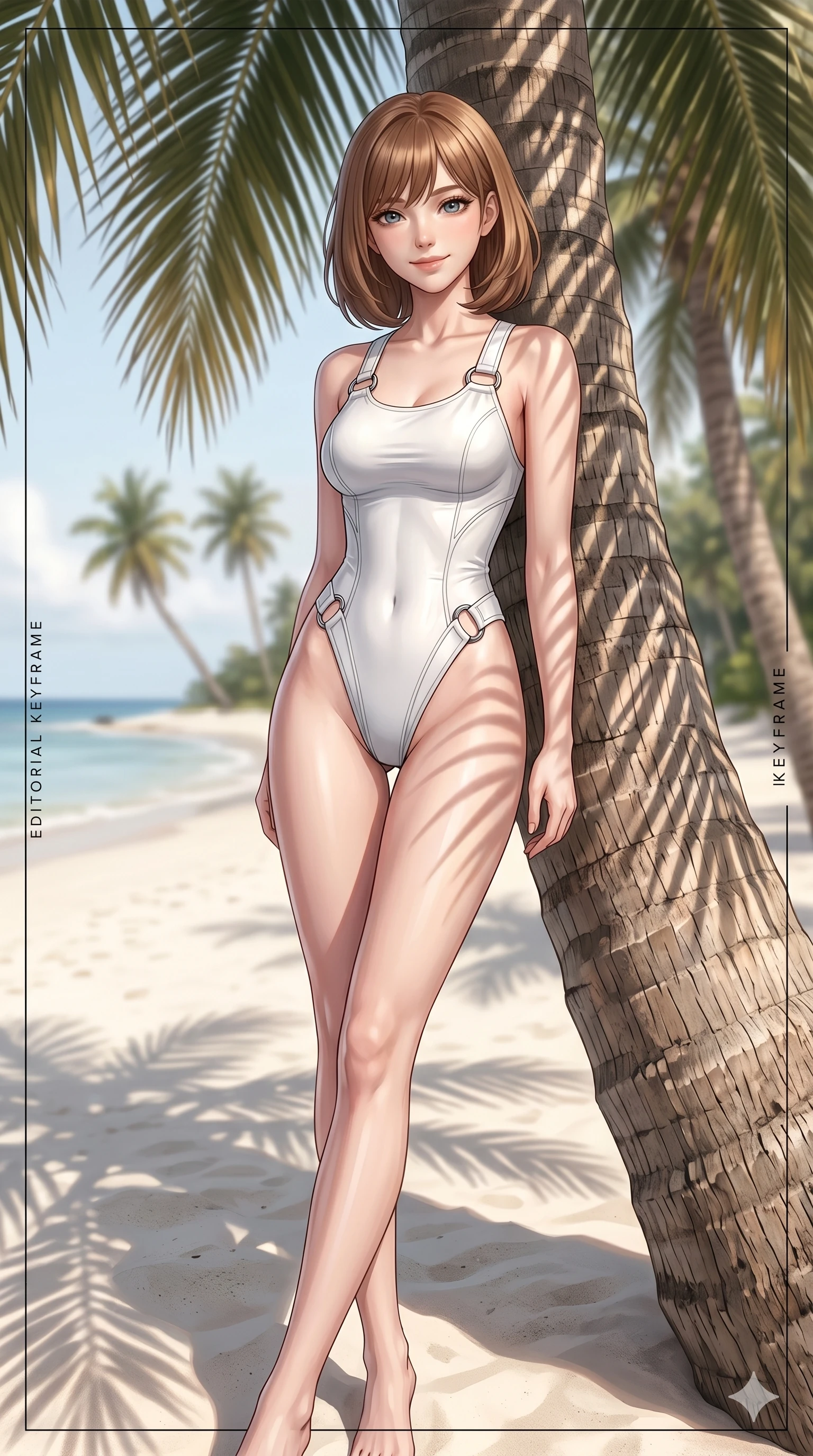 score_9, masterpiece, best quality, ultra-detailed, high-budget anime keyframe, editorial fashion photography, tasteful artistic composition, Caucasian woman, strictly human ears. cowboy shot from the thighs up, character and outfit filling the frame for maximum editorial presence. smiling warmly with a relaxed and peaceful gaze, looking directly at the camera leaning against a palm tree trunk on a quiet private beach. She has an absolutely perfect 8-heads proportion, an exceptionally tall and slender female figure with impossibly long slender legs and an ultra-slim waist. V-shaped jawline, high-bridge nose, intricate jewel-like eyes with depth, thick eyelashes, glossy lips with a natural sheen. wearing a glove-like white bodysuit with high-cut leg lines and strategic chrome-ring hardware. bathed in warm morning sunlight filtering through the palm fronds, casting soft shadows. 2k, ultra detail, master piece, 9:16 ratio