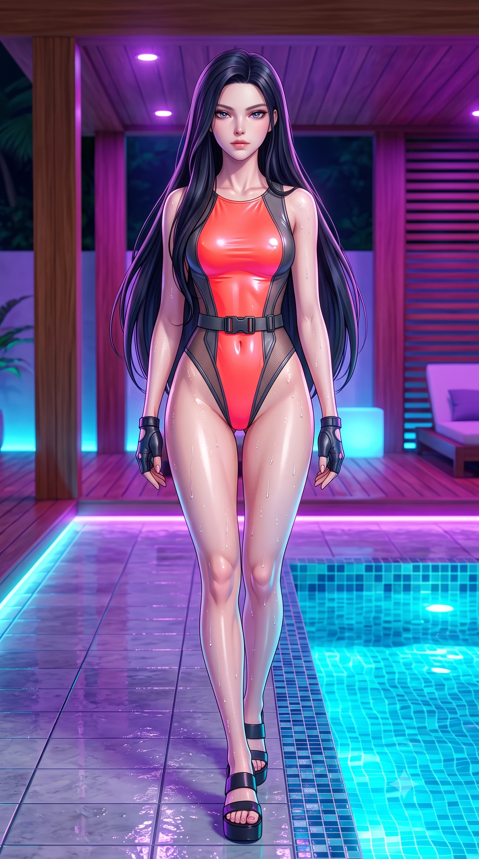 score_9, masterpiece, best quality, ultra-detailed, high-budget anime keyframe, semi-realistic 3D game render, editorial fashion photography, tasteful artistic composition, Korean woman. low angle full-body shot from head to toe showing her feet, filling the entire 9:16 vertical frame with her statuesque presence, stretching her vertical silhouette. striding forward in a proud supermodel runway stride, hips swaying in an alluring kinetic rhythm that accentuates her curvy hourglass silhouette while pulling herself lightly out of the pool onto the tiled ledge, water droplets glistening on her sculpted glutes and toned midriff. The surrounding environment is rendered in vivid detail and crisp panoramic clarity. sharp glass mosaic pool tiles, distinct water droplet beads on skin, and cabana teak wood in deep focus. She has an absolutely perfect, statuesque 8.5-heads proportion, an exceptionally tall and slender model-like female figure with impossibly long slender legs, a toned flat midriff, an ultra-slim waist, and beautifully sculpted feminine hips. sharp v-shaped jawline, high-bridge nose, intricate jewel-like eyes with depth, thick eyelashes, glossy parted lips with a natural sheen, intensely captivating and seductive bedroom-eyes expression, flawlessly proportioned anatomical accuracy, strict slender model proportions, natural body alignment, perfectly sculpted long slender limbs, ultra-slim waistline, clean dynamic posture without body distortion. wearing a high-mobility athletic monokini with sheer mesh side contours and tactical buckle belt in blazing neon coral and graphite grey, crafted from high-gloss metallic ripstop nylon and flexible carbon mesh, accessorized with bold platform sandals and fingerless leather gloves, the dramatically scooped open back descending to the base of her spine, accentuating her razor-sharp statuesque lines and curvy hourglass silhouette. bathed in glowing underwater cyan LED illumination and ambient violet neon cabana downlights. highly saturated vibrant anime colors, detailed shading with soft gradients, rich glossy textures, high-contrast stereoscopic depth, volumetric dynamic lighting, master piece, 9:16 ratio