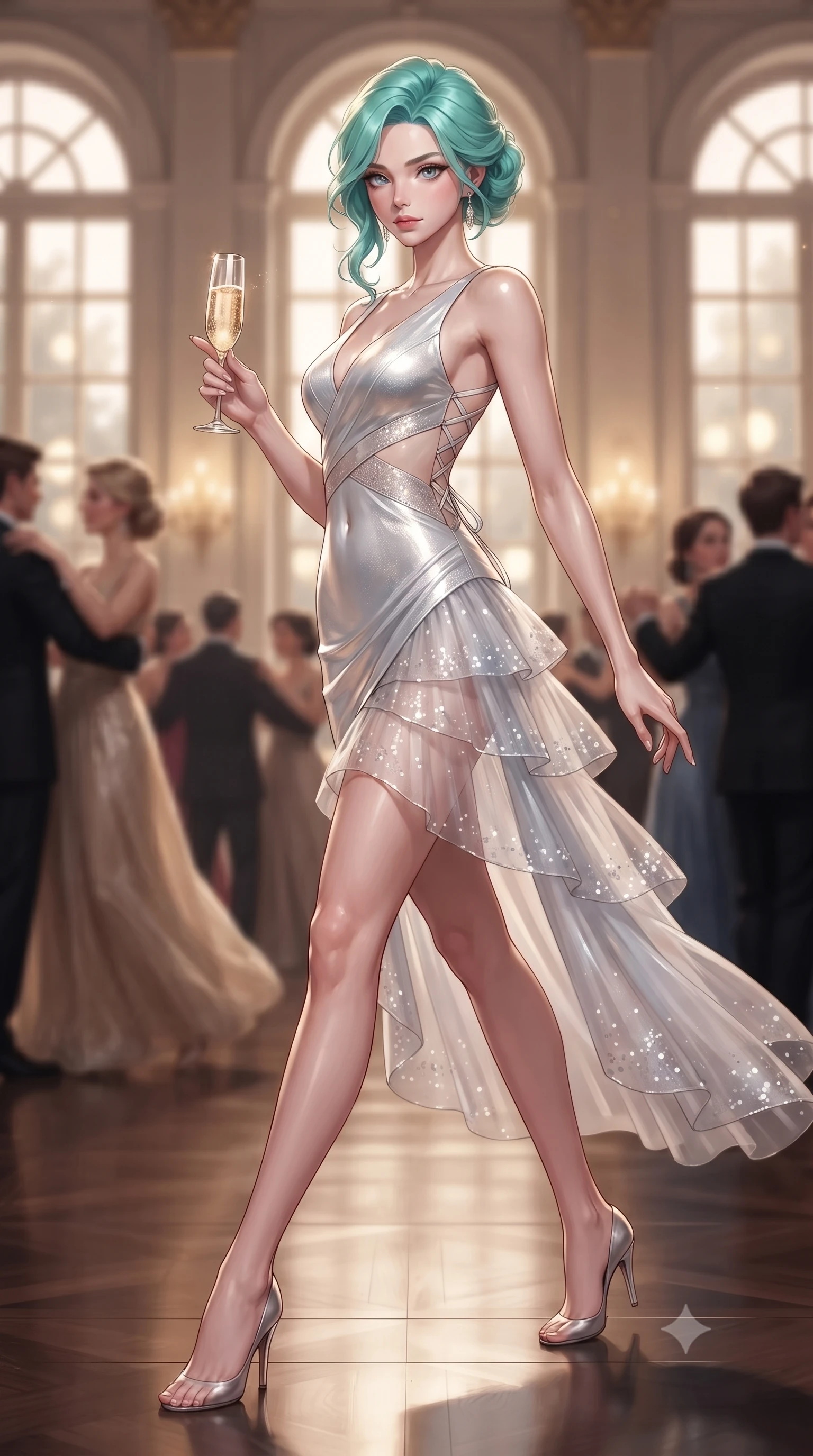 score_9, masterpiece, best quality, ultra-detailed, high-budget anime keyframe, editorial fashion photography, tasteful artistic composition, Japanese woman. low angle full-body shot from head to toe showing her feet, filling the entire 9:16 vertical frame with her statuesque presence, stretching her vertical silhouette. stepping forward gracefully in mid-motion, displaying her toned flat midriff and flawlessly sculpted slender limbs while holding a crystal flute of sparkling champagne with delicate poise, her jewel-like eyes locked onto the viewer. The composition keeps background elements in soft focus with creamy bokeh. twirling ballroom gala guests and towering arched palace windows blurred into creamy champagne and amber bokeh. She has an absolutely perfect, statuesque 8.5-heads proportion, an exceptionally tall and slender model-like female figure with impossibly long slender legs, a toned flat midriff, and an ultra-slim waist. sharp v-shaped jawline, high-bridge nose, intricate jewel-like eyes with depth, thick eyelashes, glossy lips with a natural sheen, captivating and magnetic expression, flawlessly proportioned anatomical accuracy, strict slender model proportions, natural body alignment, perfectly sculpted long slender limbs, ultra-slim waistline, clean dynamic posture without body distortion. wearing a sculpted metallic lamé evening dress with delicate side-waist diamond cutouts in pristine arctic white and metallic silver, crafted from tiered translucent tulle adorned with delicate micro-sequins, featuring a criss-cross satin back lacing highlighting her graceful shoulder blades, the sleek tailored cut tightly hugging her graceful clavicle, narrow waist, and feminine curves with statuesque precision. illuminated by crisp specular highlights tracing her sculpted flat midriff, collarbones, and long legs. ultra-reflective glossy finish, specular highlights, rich textural contrasts, high-contrast stereoscopic depth, volumetric dynamic lighting, 2k, ultra detail, master piece, 9:16 ratio