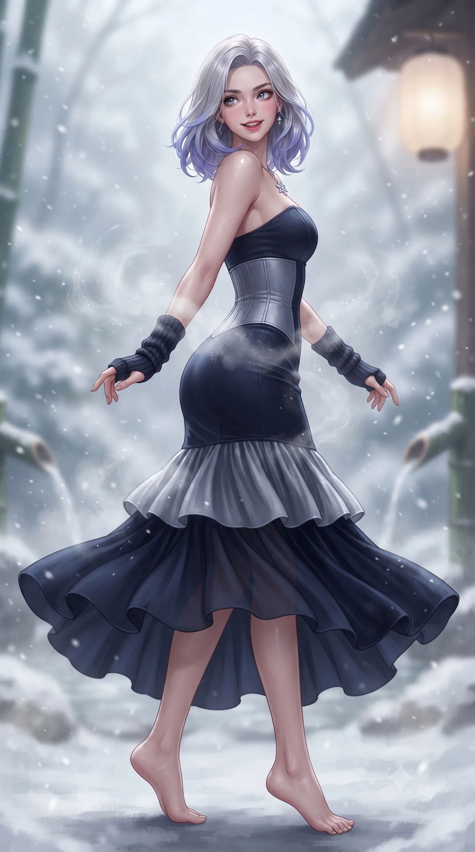 score_9, masterpiece, best quality, ultra-detailed, high-budget anime keyframe, editorial fashion photography, tasteful artistic composition, Caucasian woman. low angle full-body shot from head to toe showing her feet, filling the entire 9:16 vertical frame with her statuesque presence, stretching her vertical silhouette. executing a cheerful mid-motion pivot turn as her winter skirt flutters around her slender legs, glancing over her shoulder with an intoxicating, teasing bedroom-gaze while twisting her slender torso in an alluring contrapposto stance, rising mineral steam and snow flurries curling around her narrow waist and curvy hips. The composition keeps background elements in soft focus with dreamy creamy bokeh. swirling mineral onsen steam tendrils and gentle bamboo water spouts softened in Japanese winter onsen shallow focus. She has an exceptionally tall and slender model-like 8.5-heads proportion, an ultra-slim waist, a flat toned midriff, narrow delicate ribcage, and beautifully sculpted feminine hips creating a graceful, slim hourglass silhouette without any bulky heaviness, with impossibly long slender legs. sharp v-shaped jawline, high-bridge nose, sparkling ice-crystal eyes with depth, frosty thick lashes, glossy parted lips with a rosy berry sheen, bright playful smile with an intoxicating seductive glint, rosy flushed cheeks radiating cozy warmth and dangerous allure, flawlessly proportioned anatomical accuracy, strict slender model proportions, natural body alignment, perfectly sculpted long slender limbs, ultra-slim waistline, clean dynamic posture without body distortion. wearing a tiered semi-sheer chiffon and velvet ice-gown with an ultra-slim corseted waist in midnight navy and starlight silver, made of supple second-skin thermal stretch jersey clinging flawlessly to her form, featuring elegant fingerless knit wrist warmers and a dainty silver snowflake pendant, the form-contouring cut accentuating her sculpted flat midriff, narrow delicate ribcage, and gracefully curvy hips with alpine supermodel elegance. bathed in soft diffuse snowy winter daylight and gentle paper lantern glow. ultra-reflective glossy finish, specular highlights, rich textural contrasts, high-contrast stereoscopic depth, volumetric dynamic lighting, 2k, ultra detail, master piece, 9:16 ratio