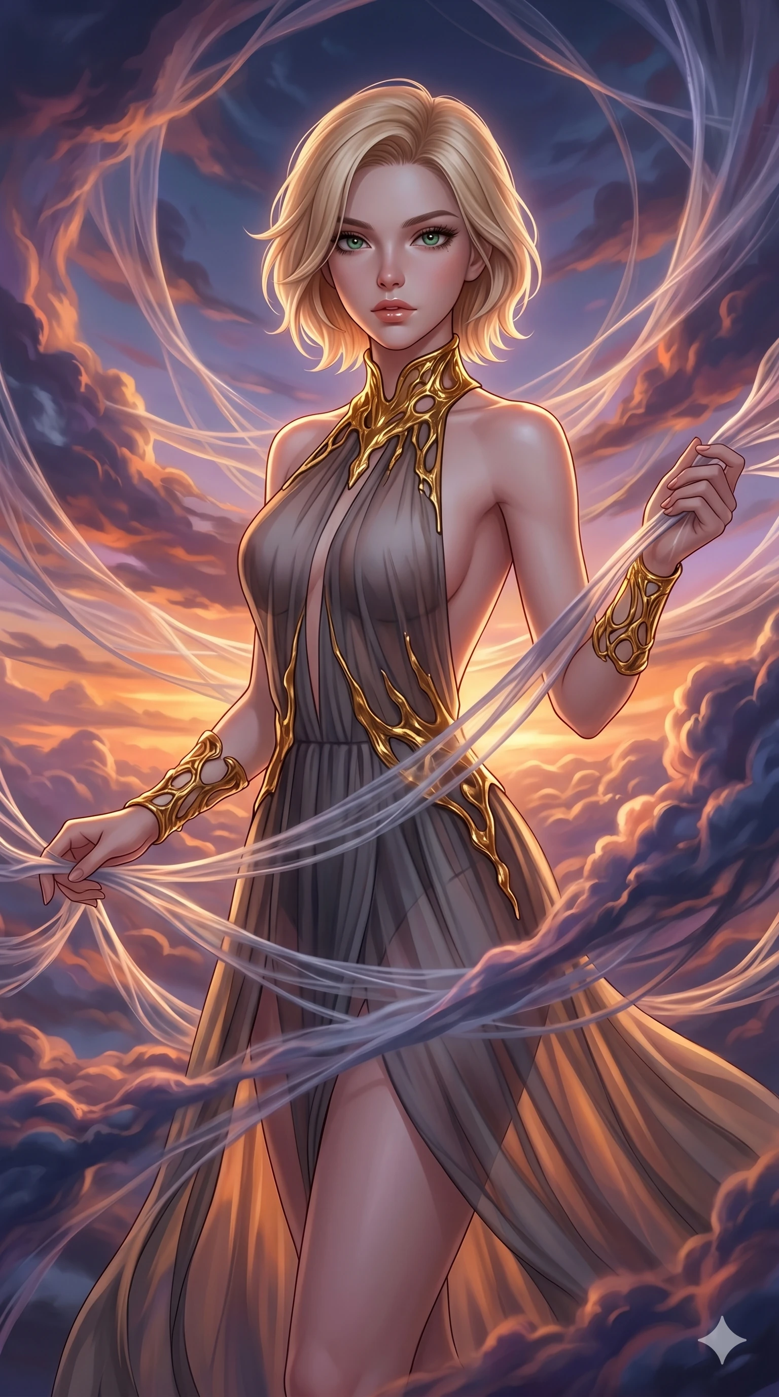 score_9, masterpiece, best quality, ultra-detailed, high-budget anime keyframe, Caucasian woman, strictly human ears. upper body close-up from the thighs up, character filling the screen for maximum presence. threading through a volumetric cloud weave where storm clouds are spun like silk thread under a dramatic sunset glow. She has an absolutely perfect 8-heads proportion, an exceptionally tall and slender female figure with impossibly long slender legs and an ultra-slim waist. V-shaped jawline, high-bridge nose, intricate jewel-like eyes with depth, thick eyelashes, glossy lips with a natural sheen.. wearing a molten gold and chiffon gown, featuring organic liquid gold collar and cuffs on a translucent charcoal-gray halter neck chiffon gown with a deep backless design. enhanced by a luminous pastel spectrum glow, casting elegant rim lights on her shoulders and jawline. 2k, ultra detail, master piece, 9:16 ratio